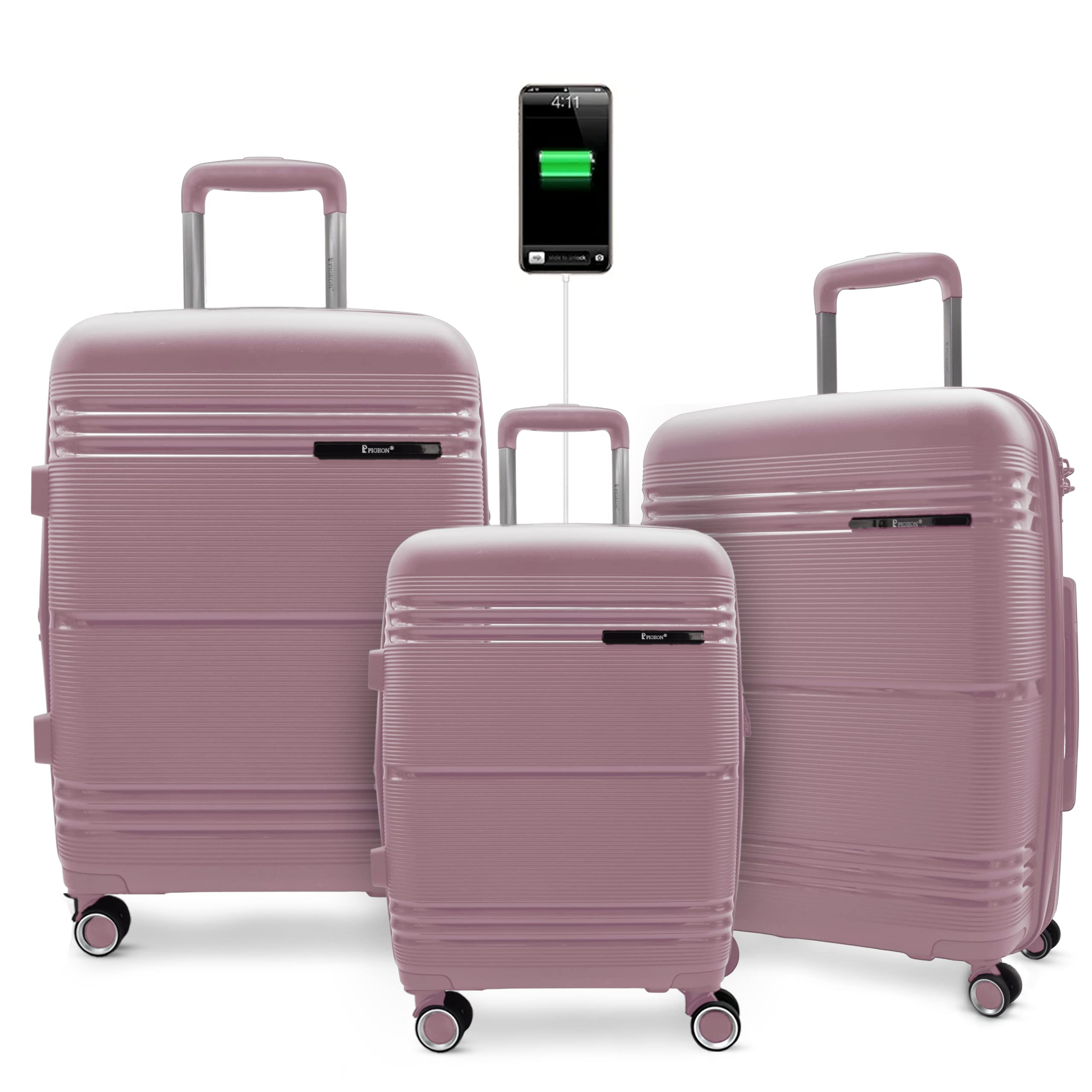 P PIGEONPIGEON Luggage Set Unbreakable Hardshell Set of 3 + Expandable + Double Zipper + Double Spinner Wheels + Protective Cover + PP Hard Core + USB Port + Velvet Interior (Set of 3, Rose Gold)