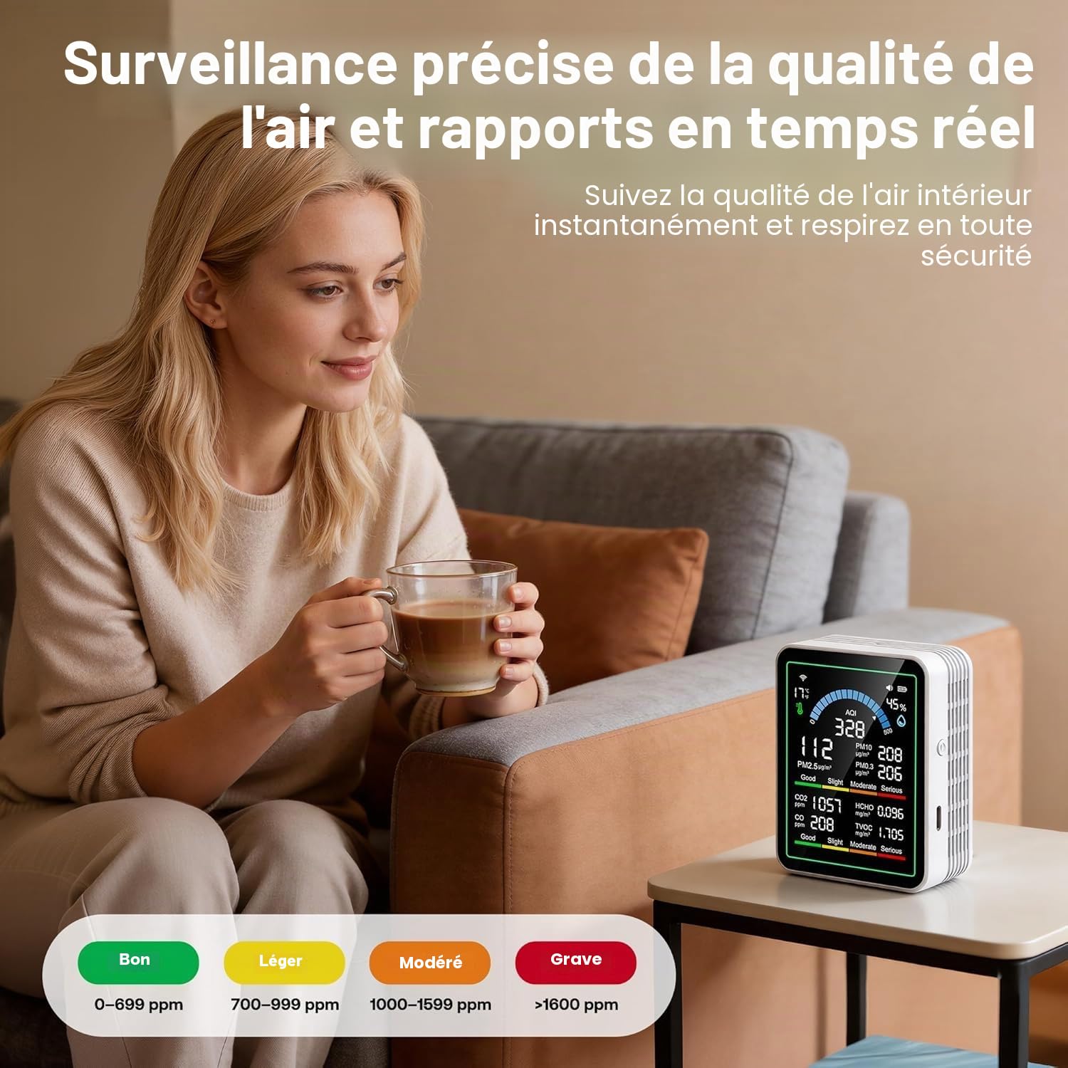 Moniteur de qualité de l'air intérieur 10 en 1 portable Smartair Testeur de qualité pour CO2 | CO | TVOC | HCHO | Temp | AQI | PM0.3-1 Hum de détection Hum pour la maison, les voitures, les plantes