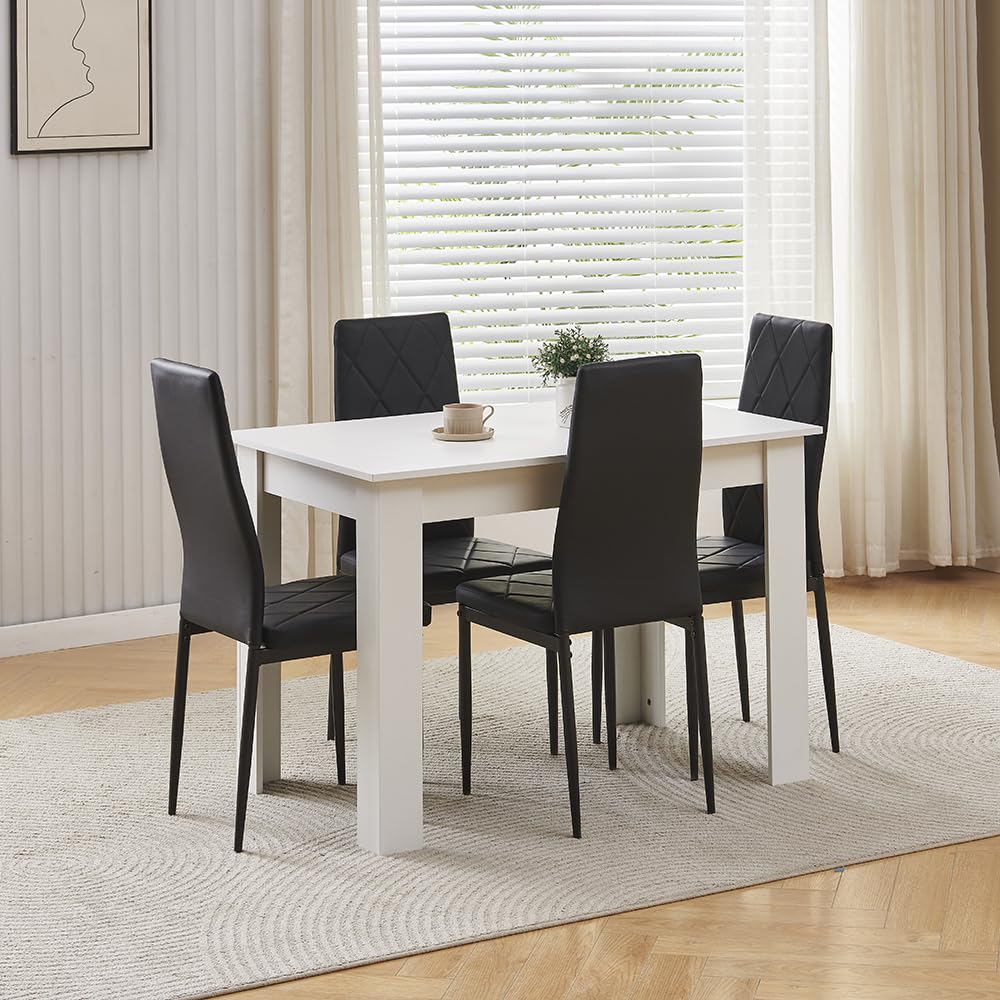 Menaka Wood Dining Table and Chairs Set of 4, Small Rectangular Kitchen Dinner Table with 4 Seaters (argyle grid black leather chairs, 110cm white table, 4 seaters)