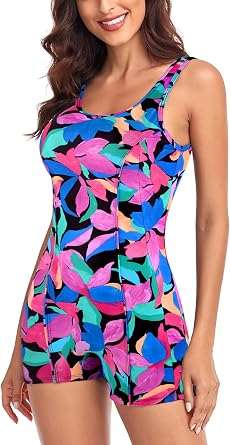 Ocean Blues Womens Boyshort Swimsuit with Built-in Bra Active One Piece Bathing Suit Modest Athletic Swimwear