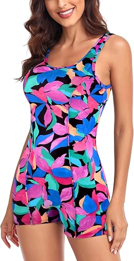 Ocean Blues Women's Boyshort Swimsuit with Built-in Bra Active One Piece Bathing Suit Modest Athletic Swimwear