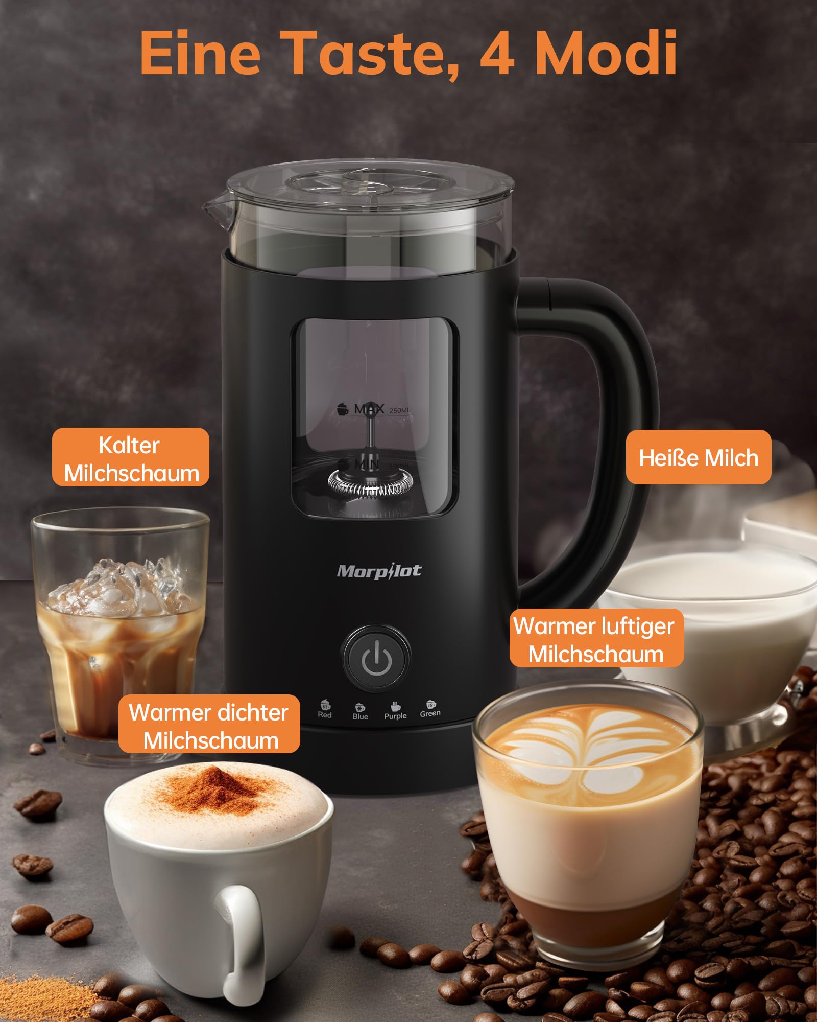 Morpilot Montalatte elettrico, 130-600 ml, 550 W, montalatte 4 in 1, per acqua calda e fredda, vetro visivo, design latte, nero