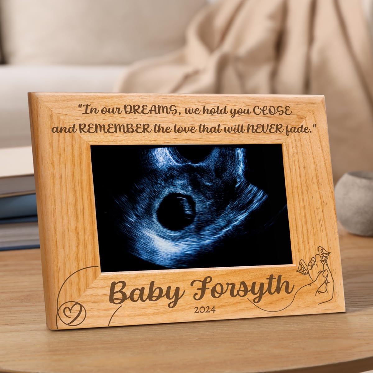 PlaqueMaker Customized Miscarriage Memorial Frame, In Our Dreams We Hold You Close, Red Alder Wood, Holds 6 x 4 Photo