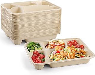 Elsjoy 50 Pack 5-Compartment Disposable Plates, 11" x 8" Compostable School Lunch Tray Divided Paper Plates, Sectional Plate Paper Tray for School, Party, Made of Sugar Cane Fiber