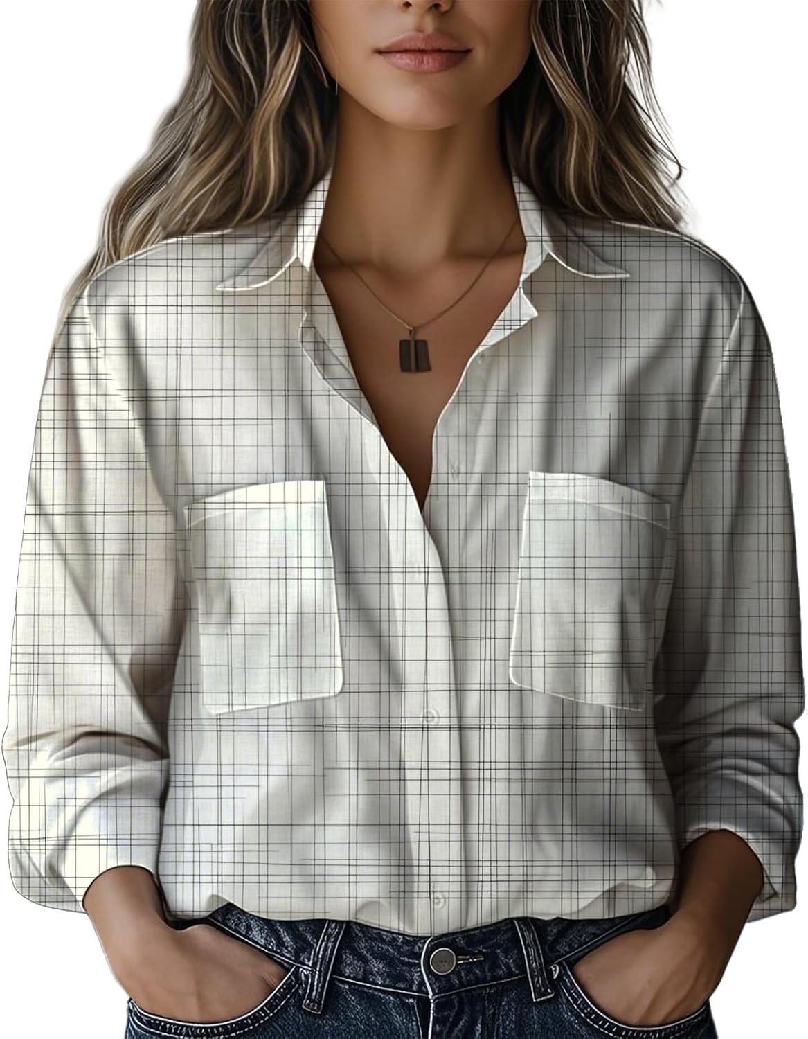 domirica Spring Shirts for Women 2025 Trendy Button Up Rolled Three-Quarter Sleeves V Neck Blouses Soft and Comfy Tops
