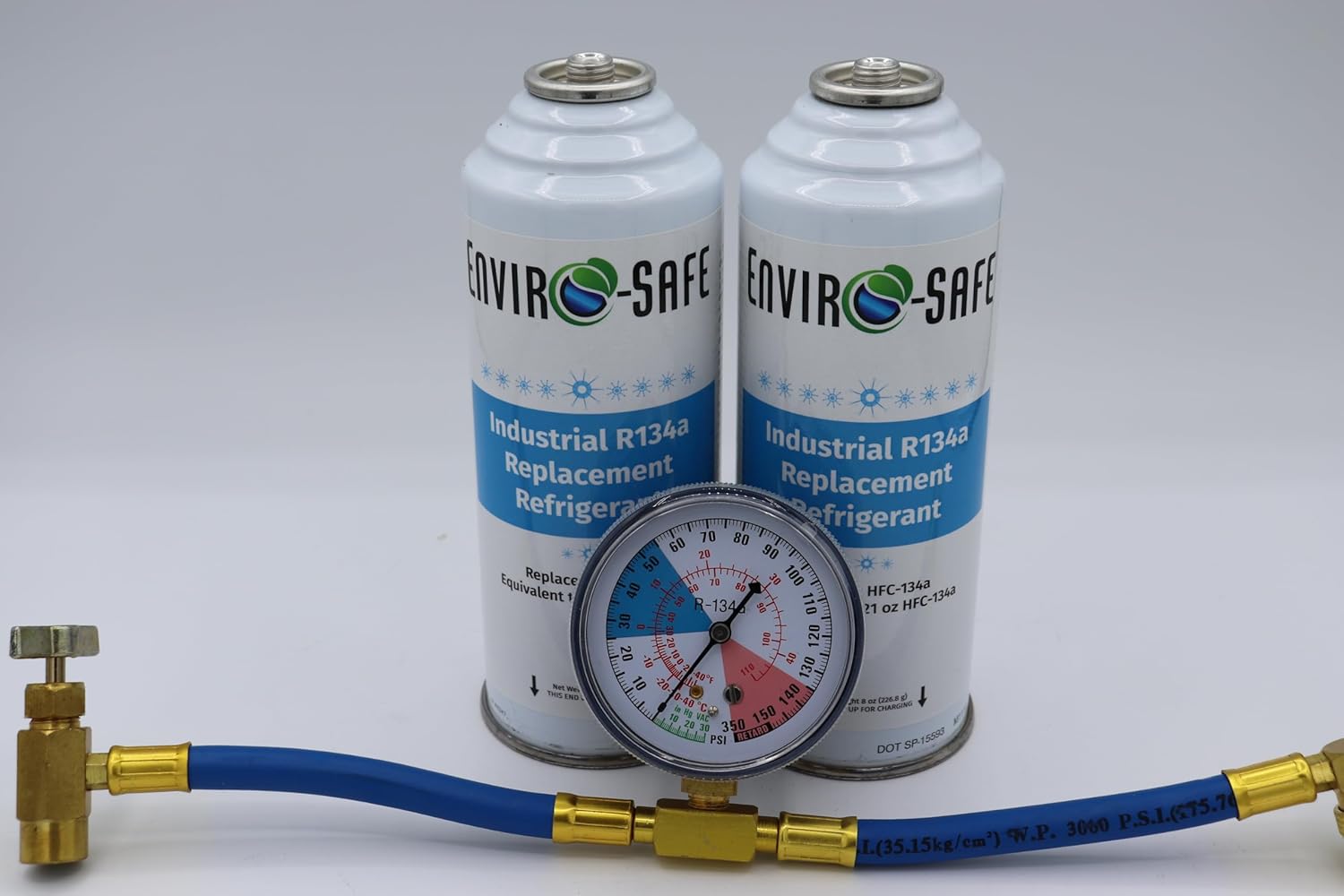 ENVIRO-SAFE Industrial R134a Replacement Refrigerant Kit with Charging Gauge, 2 Cans of 21 Oz Each, Professional AC System Cooling Solution for Automotive, Commercial, Agricultural Applications