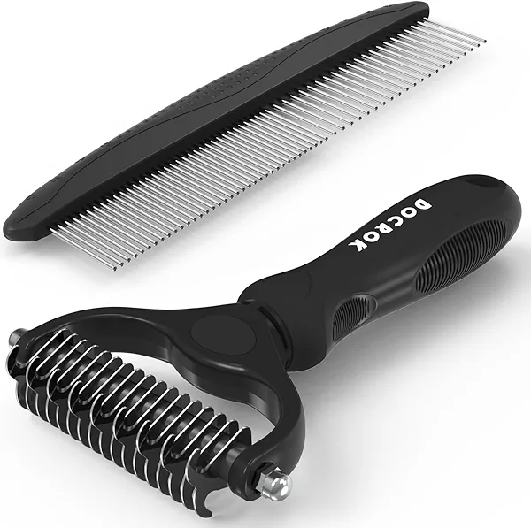 Docrok Pet Grooming Combo: Undercoat Rake, Dematting Deshedding Brush for Long-Haired Dogs and Cats, Black