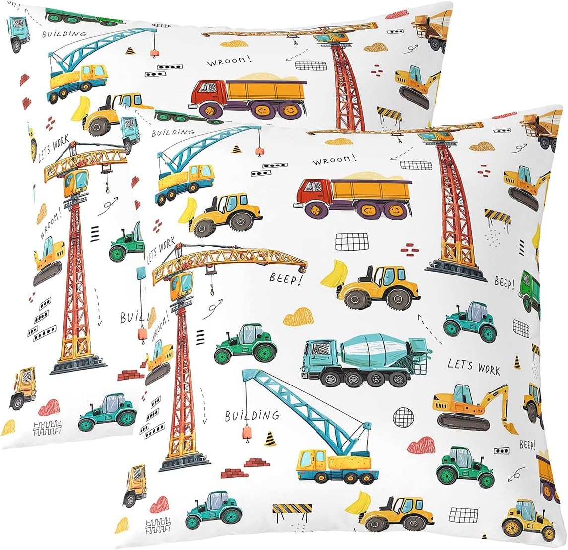 Fundas de almohada de excavadora para niños 16×16 juego de 2, fundas de almohada de tractor maquinaria camiones para cama sofá hogar, fundas de
