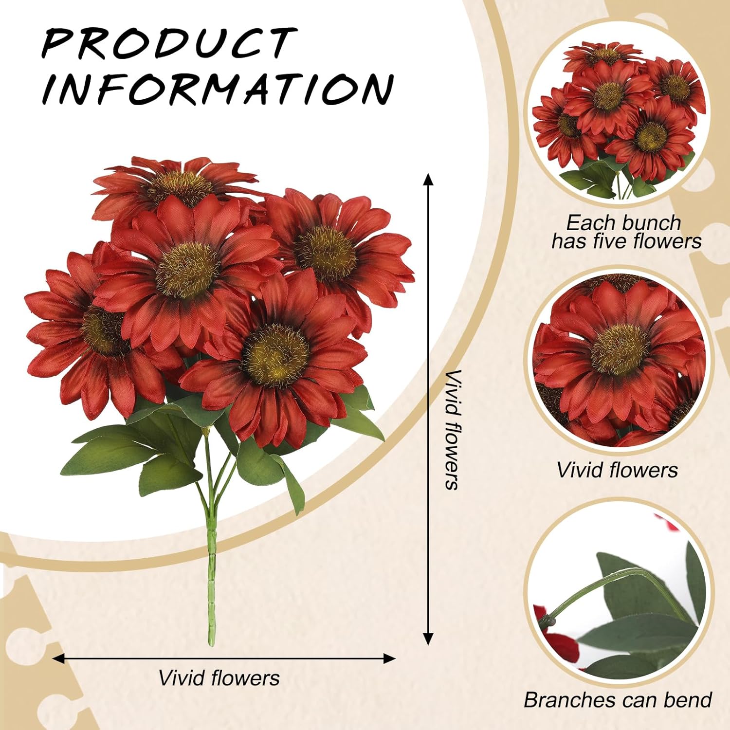 Redbaker 12 Bundles Sunflower Faux Mums for Outdoor Artificial Flower with Stems Bouquet Fake Plants Bulk UV Resistant Plastic No Fade Wedding Fall Garden Home Window Decor (Fall Flowers,Red)
