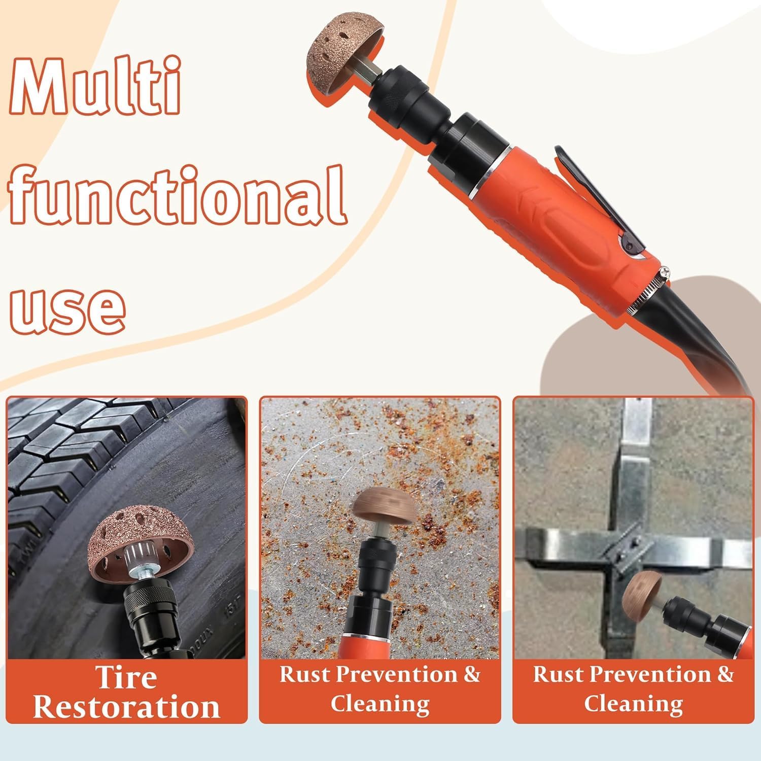 Low-Speed Pneumatic Air Tire Buffer Kit (2500RPM) – Tungsten Alloy Grinding Wheels, Patch Roller & Inner Liner Scraper for Rubber Surface Preparation and Tire Maintenance