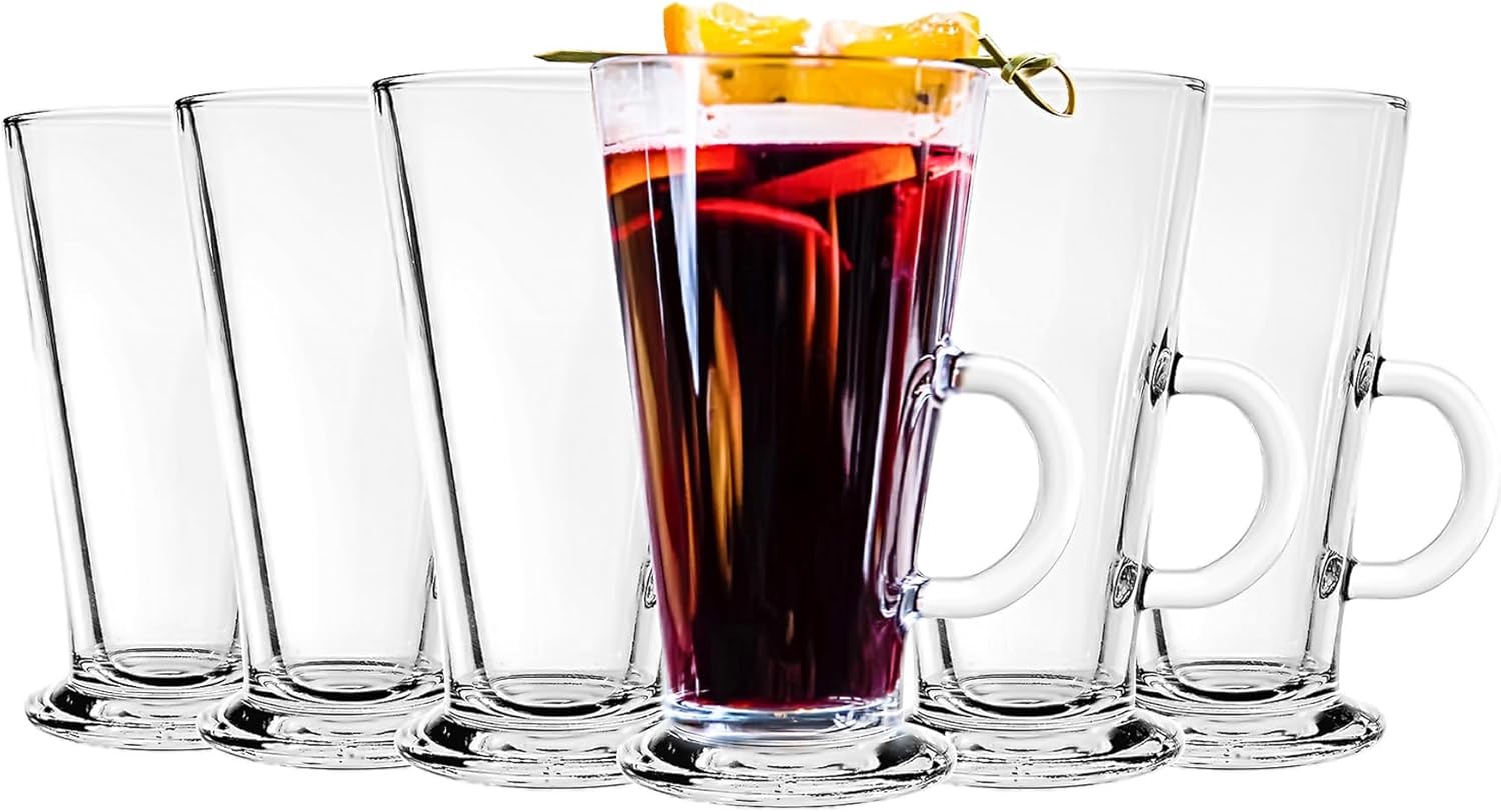 Irish Coffee Mugs Set of 6 - Tall Latte Cups 9 Ounces - Glass Coffee Cups with Handle for Cappuccino, Hot Chocolate, Smoothie, Cold Beverages