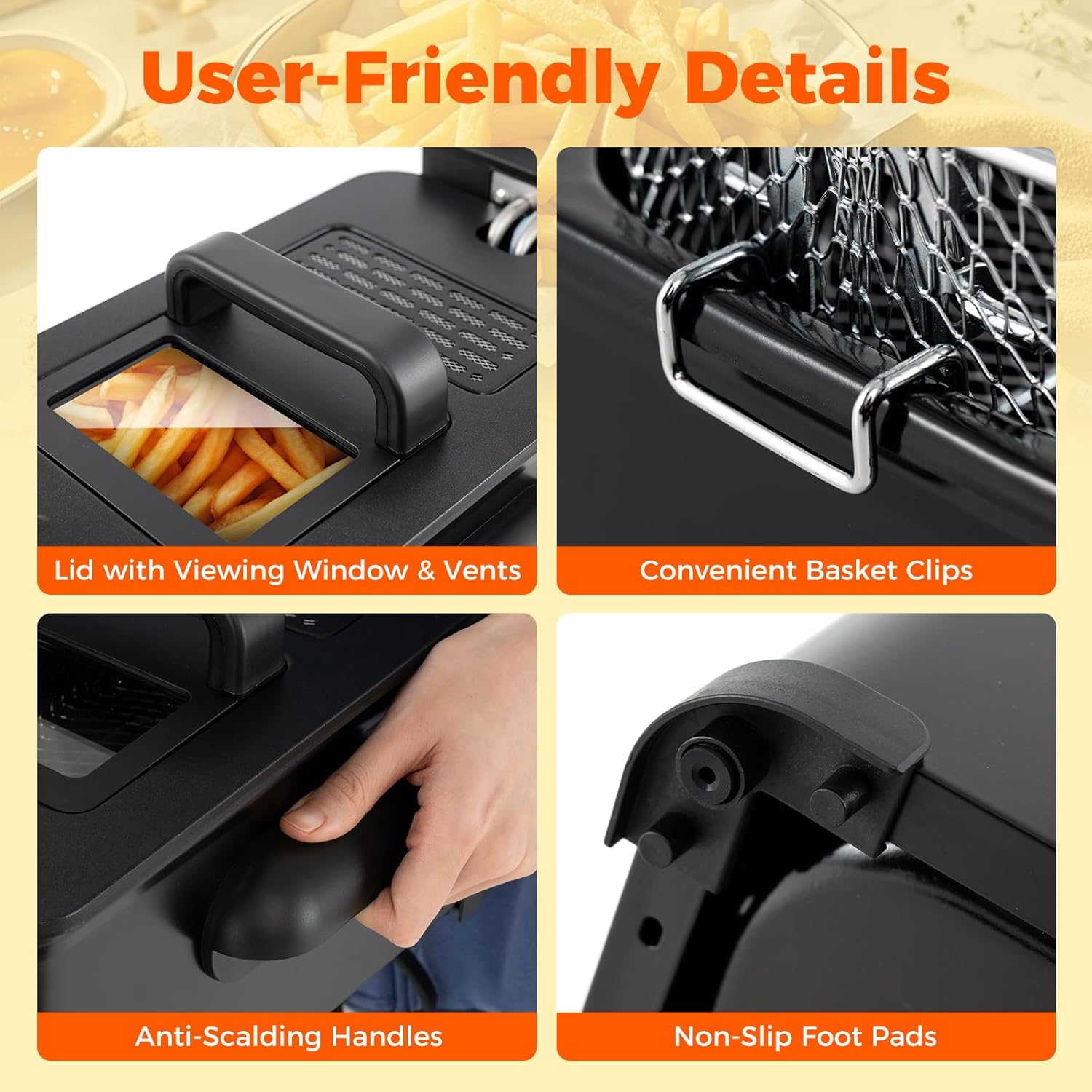 Features like viewing window, basket clips, anti-scalding handles, and non-slip feet