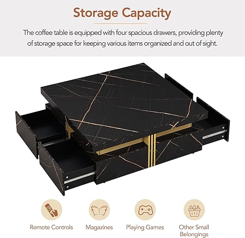 Miniatura 5 de SSLine Moderna mesa de centro cuadrada de color negro y dorado, mesa de centro de cóctel de mármol sintético de lujo con 4 cajones de
