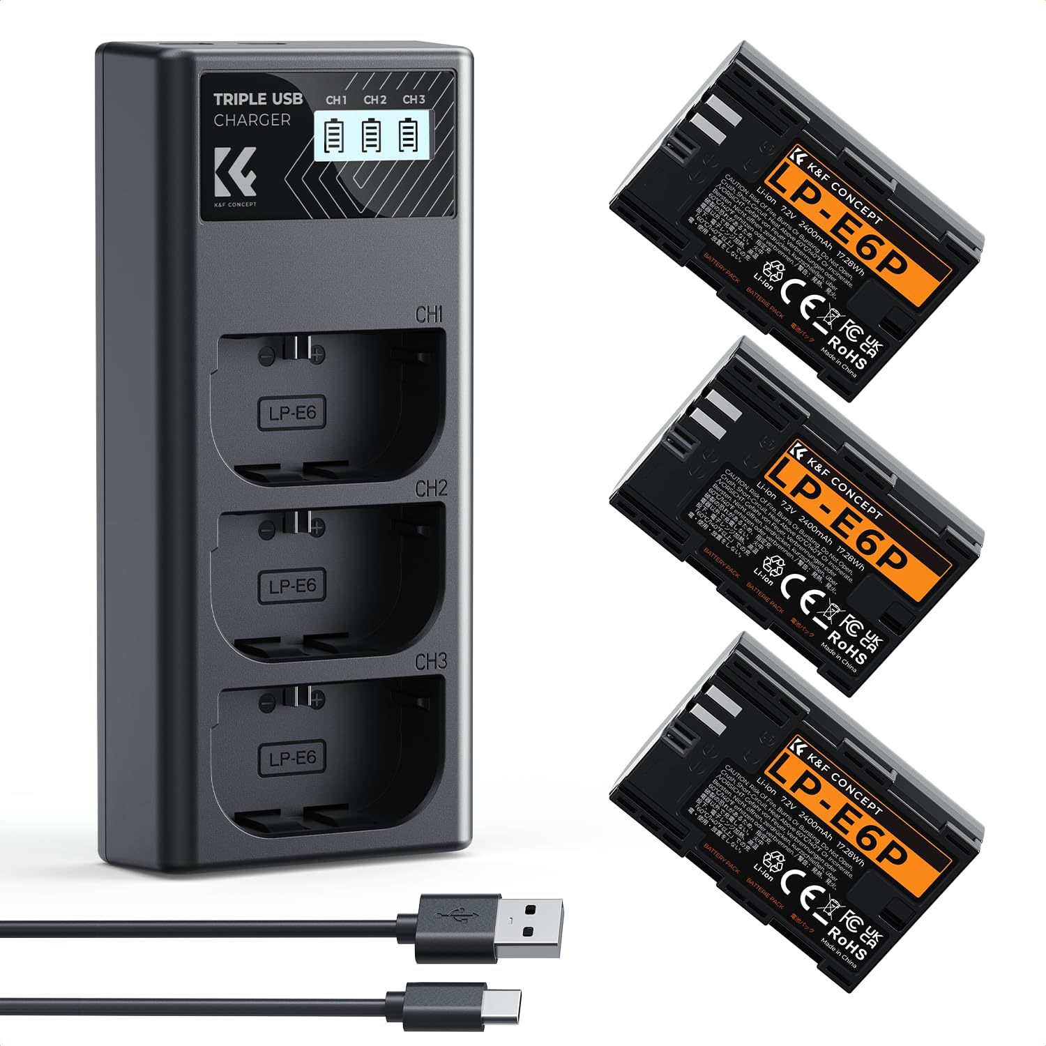 K&F CONCEPT 3-Pack LP-E6P Batería 2280mAh y Cargador, Compatible con Canon R6 Mark II/III, R5 Mark II, C50, R5 R6 R7, 5D 6D 7D Mark II y más.