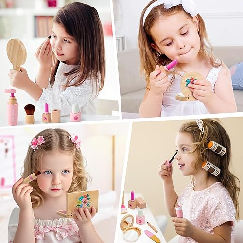 Miniatura 5 de Lonico Juego de juguetes de maquillaje de madera para niñas, kit de maquillaje para niños pequeños de 3 a 5 años con sombra de ojos, rímel, perfume,