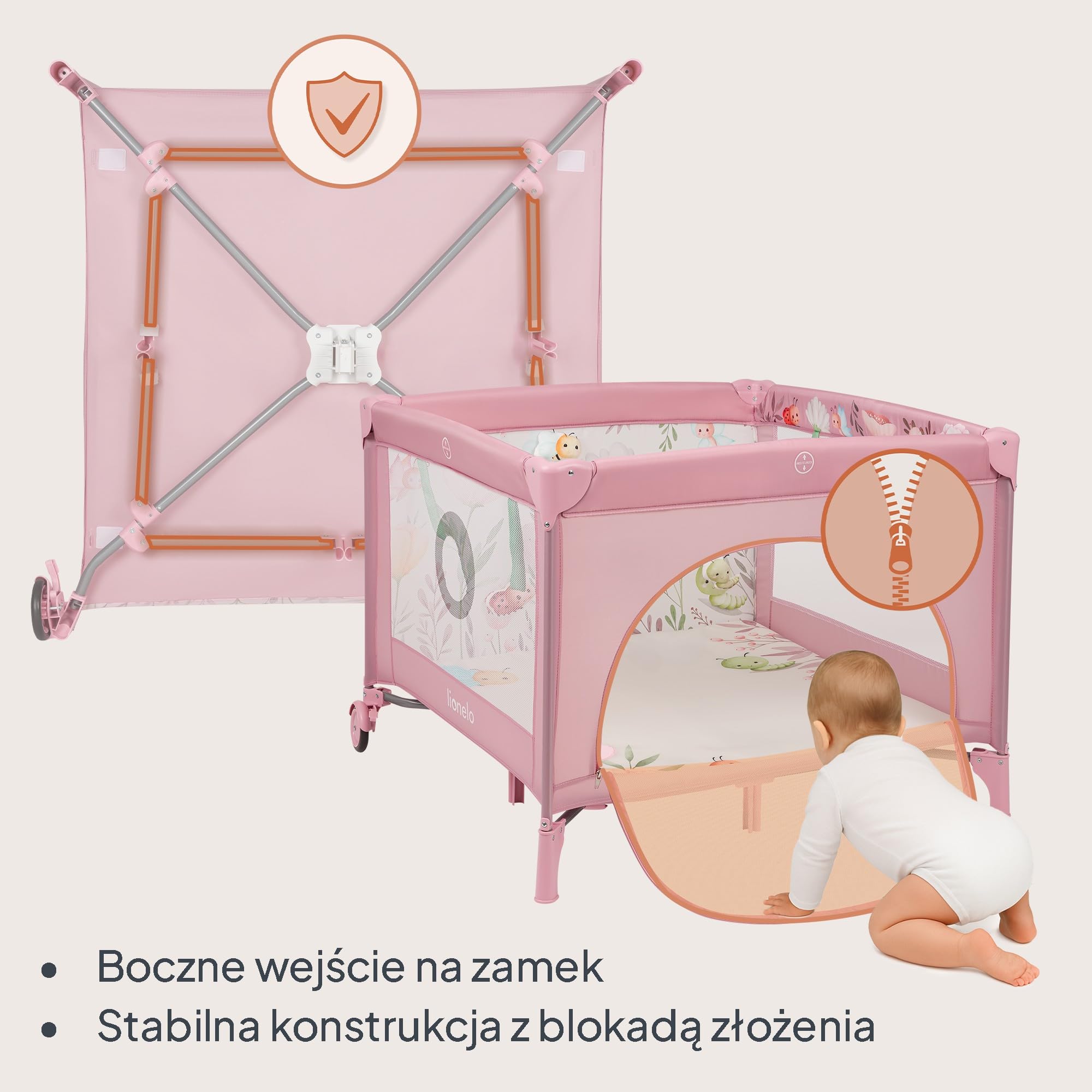 LIONELO Kojec dziecięcy MILLE PLUS do 15 kg 0-36 miesięcy, Boczne Wejście, Materac 3D, 2 Koła z Hamulcem Łatwe Składanie, Torba Transportowa
