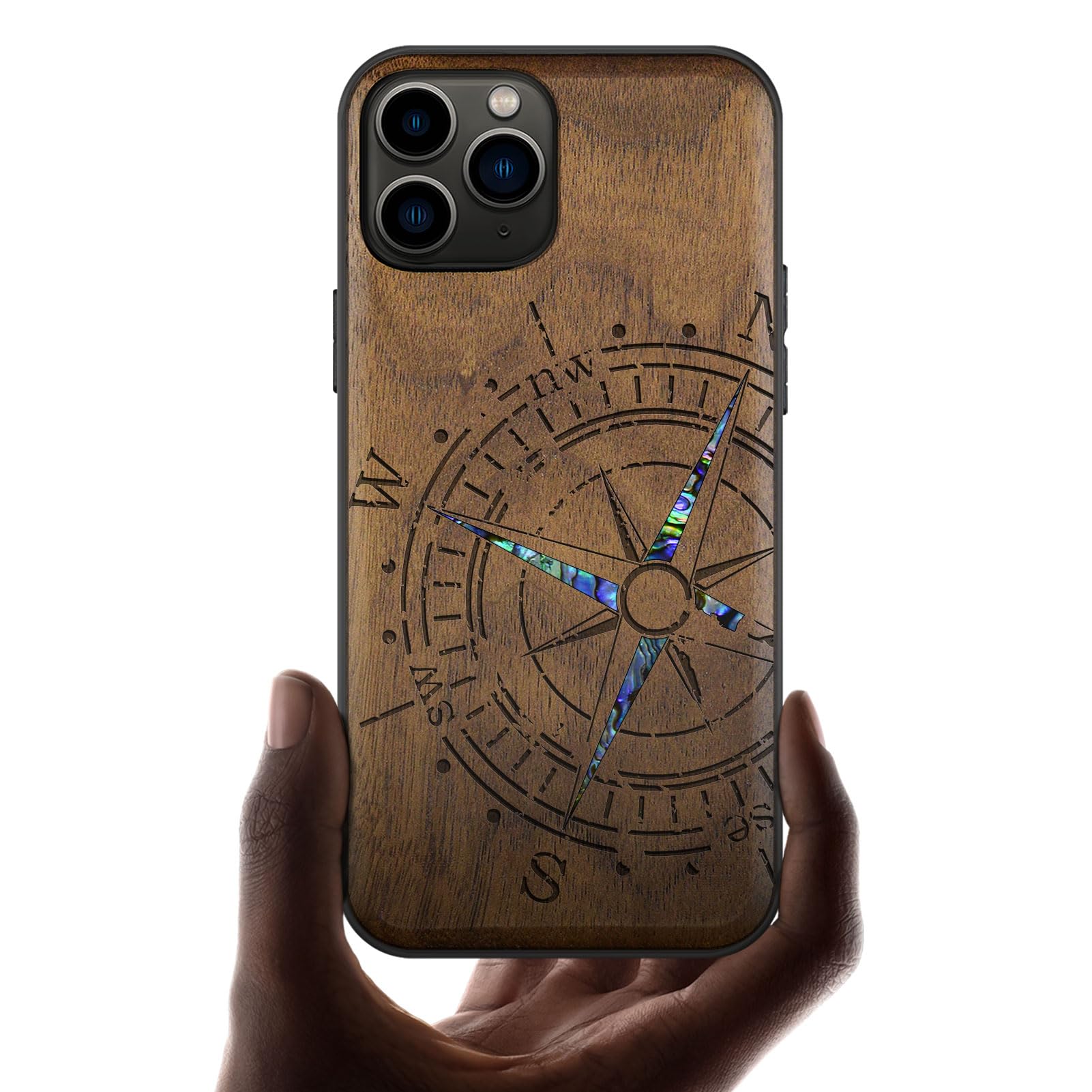 Carveit Designer Wooden Protective Case for iPhone 11 Pro Max Cover [Wood Engraving & Shell Inlay] Compatible with 11 Pro Max Case (Compass-Walnut)