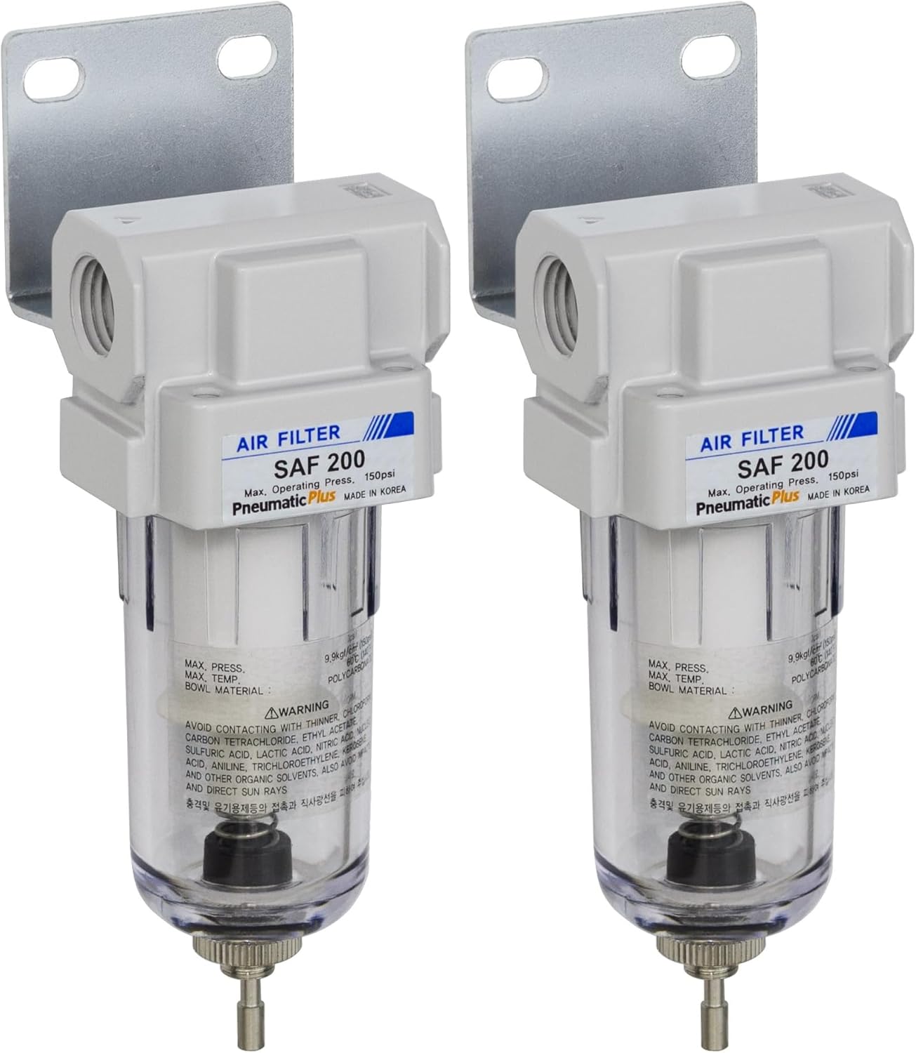 PneumaticPlus SAF200-N02B Miniature Compressed Air Particulate Filter 1/4" NPT - Poly Bowl, Manual Drain, Bracket