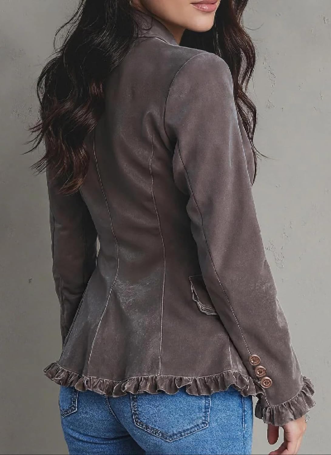 Women's Sage Gray Blazer V Neck with Ruffle Trim Versatile Jacket with Pockets 2025 Fall Business Casual Outfit