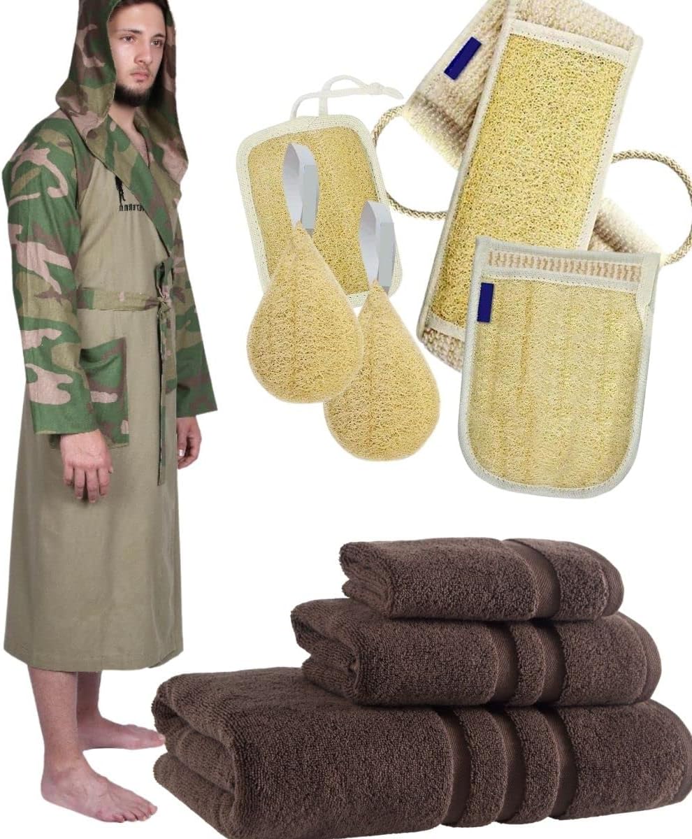 Veteran Textile Towels- 9 Pieces - Turkish Cotton -Luxury Towel Set for Bathroom Kitchen, 1 Bath Towels, 1 Hand Towels & 1 WashCloths/Camouflage Med Rob and Loofah Back Scroub Set (Dark Chocolate)