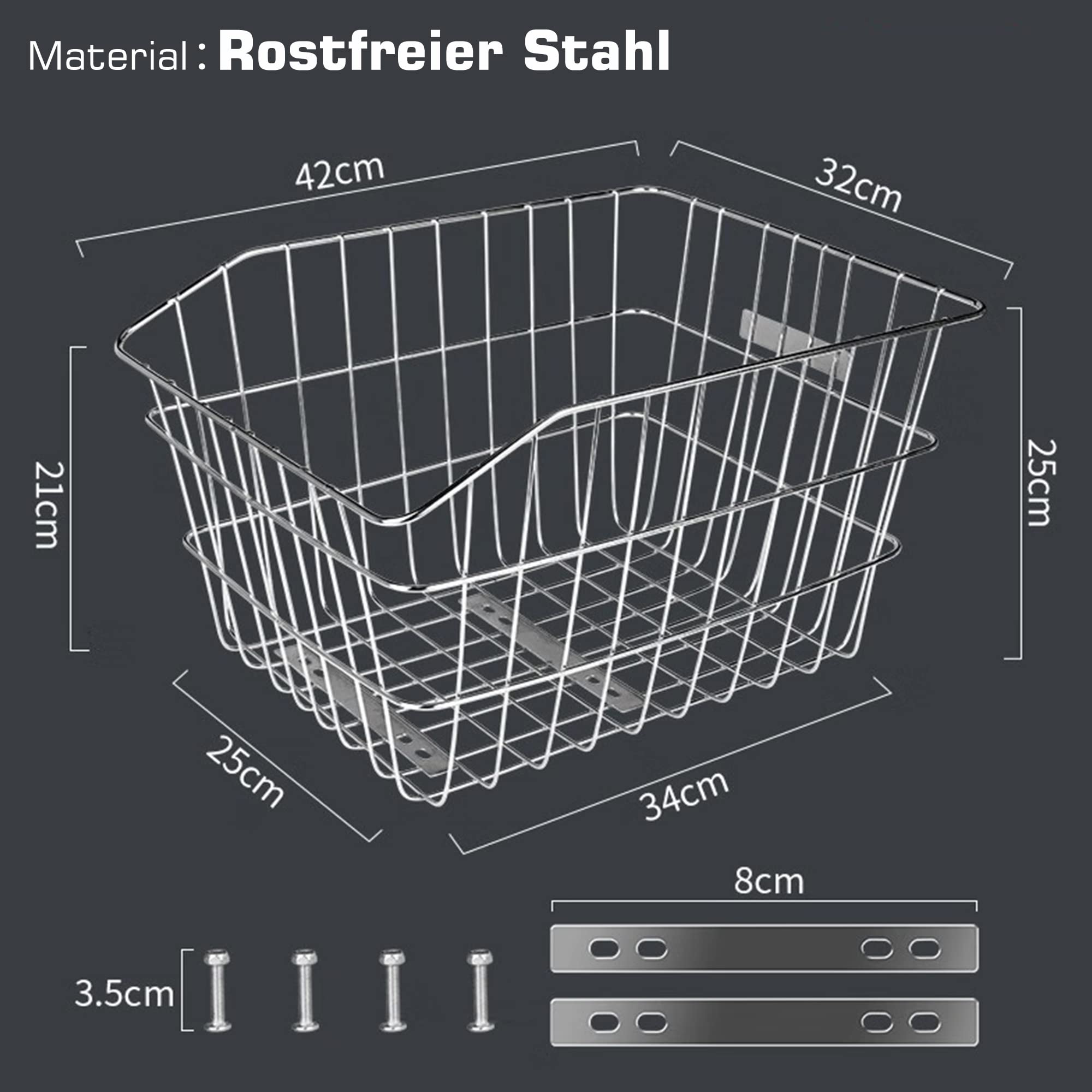 Fahrradkorb Stabil Hinten Rostfreier Stahl, Fahrradkörbe Hinten groß 30L 50 kg mit Regenabdeckung Gepäcknetz für Fahrradgepäckträger Hinten Ebike, Universelle Größen Abnehmbare Einfach