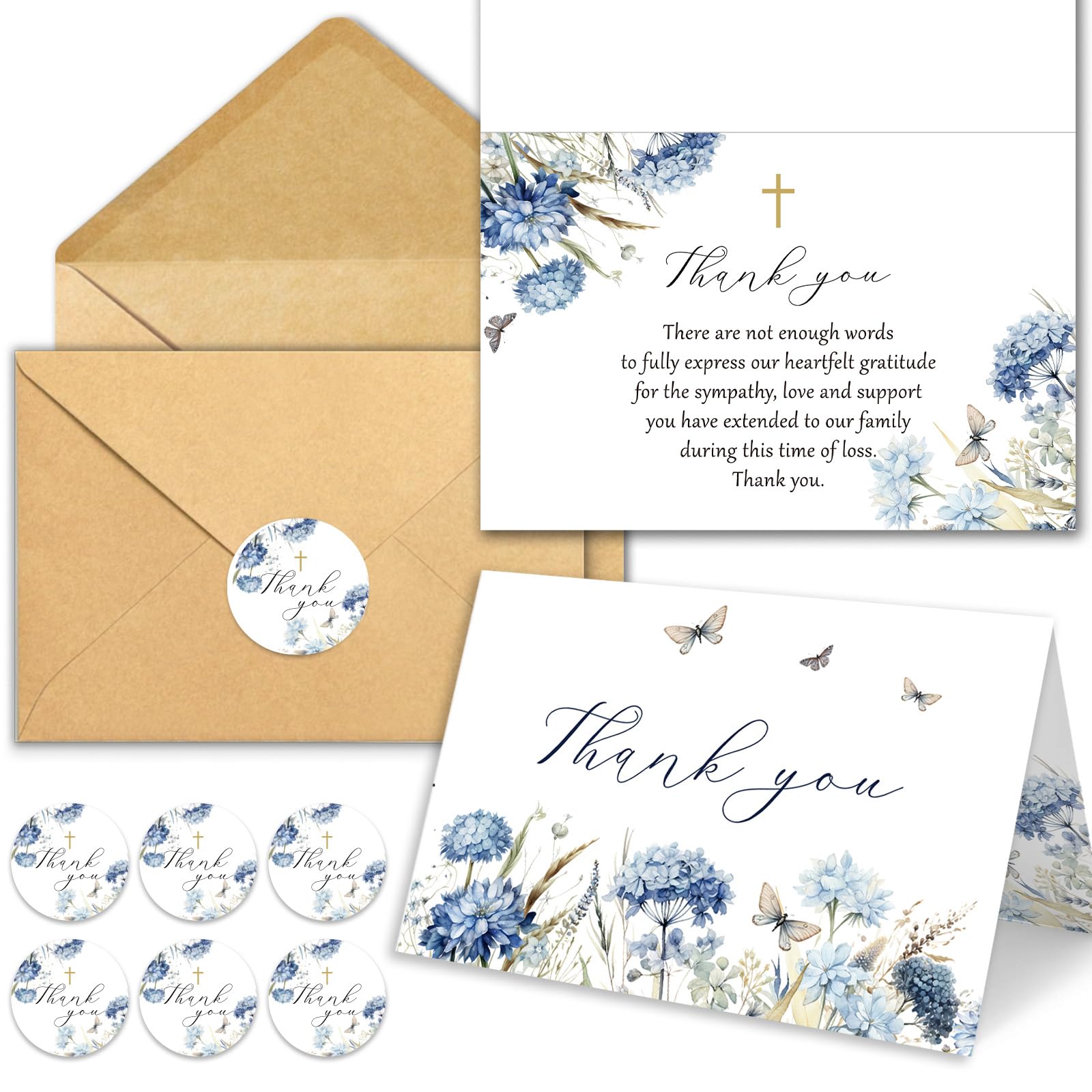 CYGGUN 50 Pack Funeral Thank You Cards with Envelopes, 4×6 In Watercolor Blue Flower Bereavement Card for Funeral Family Friends Loved Ones
