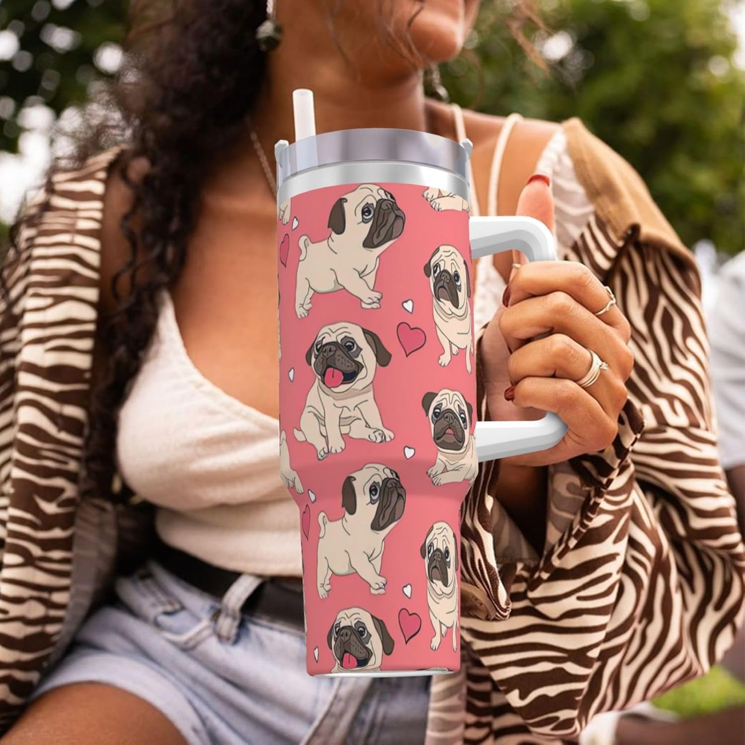 40 OZ Funny Cartoon Pug Puppy Dog Print Ice Bully Cup with Handle Straw Lid Straw,Stainless Steel Tumbler Coffee Cup