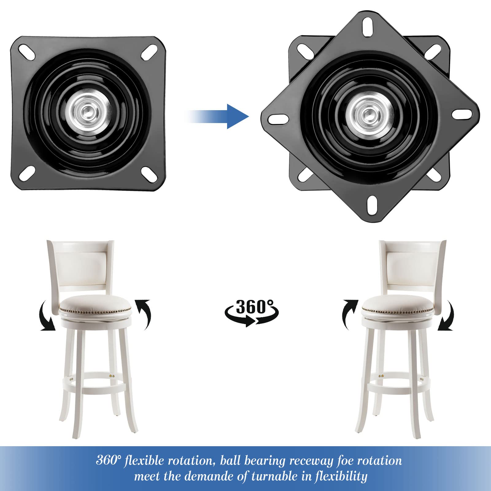 Cuscinetti Girevoli Quadrati con Vite, Piastra Girevole Portante 150Kg, Piatto Girevole a 360°con Cuscinetti a Sfera in Acciaio per Giradischi Monitor TV Computer Sgabelli Tavoli Librerie (Nero)