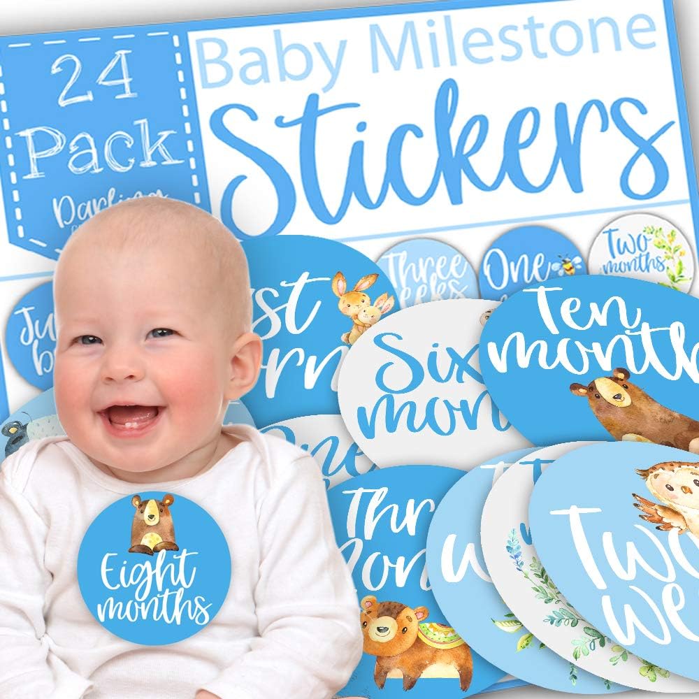 Monthly Milestone Baby Stickers, Baby Milestone Stickers for Boys, First Year Baby Stickers, Baby Monthly Milestone Stickers for Boys, Original Cute Designs, Gift Packed, Pack of 24 Giant Stickers