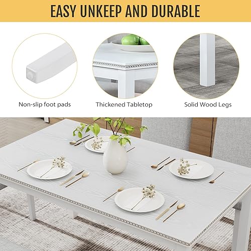 Miniatura 3 de Juego de mesa de comedor de madera maciza de 6 piezas, incluye 1 mesa de comedor, 4 sillas tapizadas y 1 banco, juego de mesa de comedor con patas