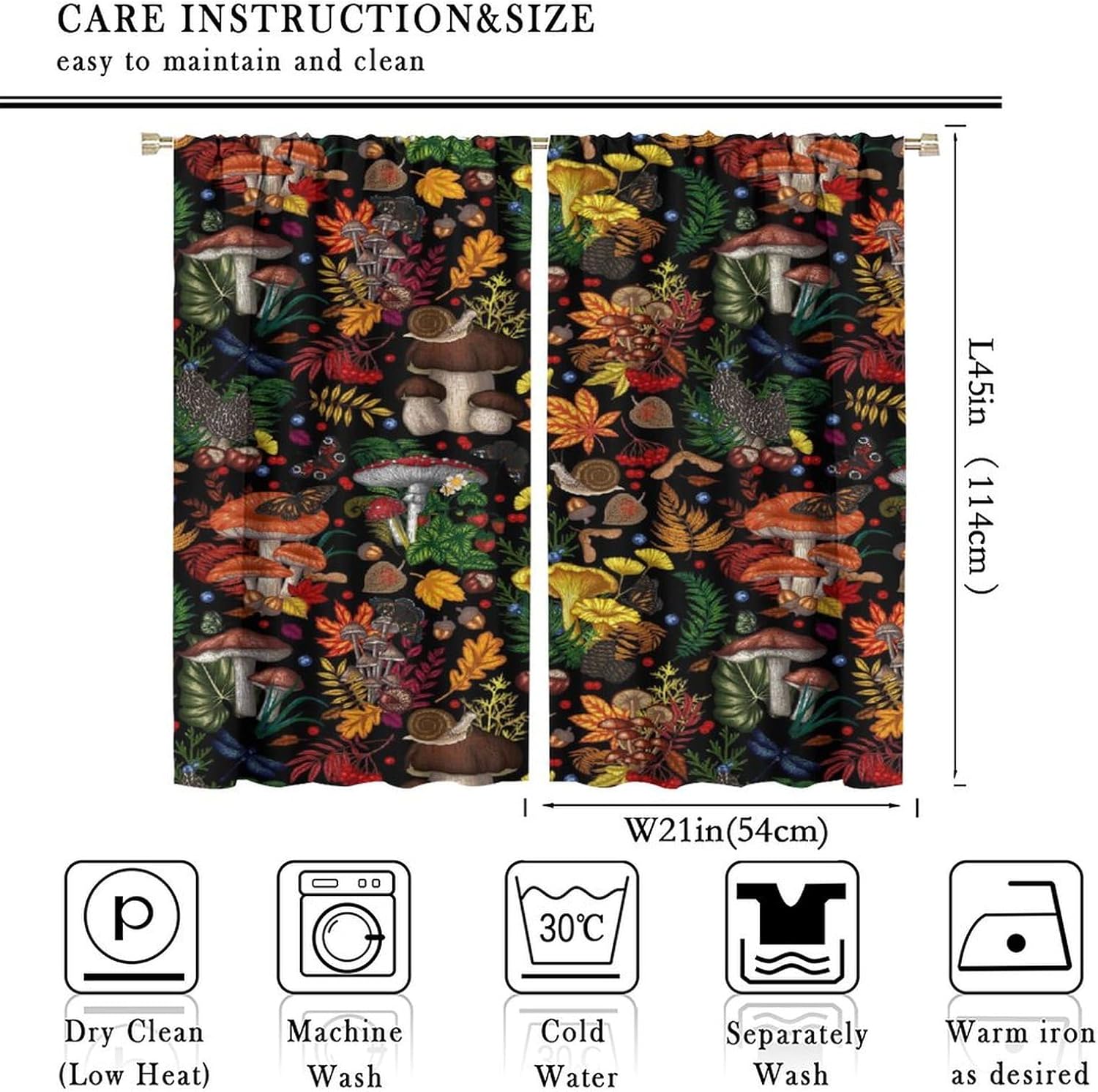 Mushroom Blackout Curtain Colorful Cartoon Abstract Illustration Printed Curtain Herbal Home Decor Seamless Pattern Living Room Bedroom Kitchen Noise Reduction Curtain 42x45 Inch 2 Panels