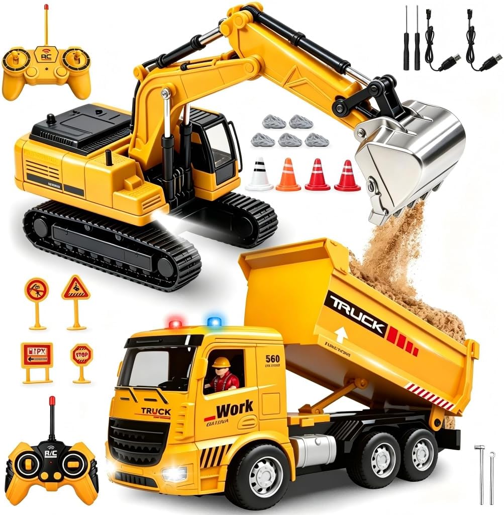Remote Control Excavator and Dump Truck Toy Set for Kids