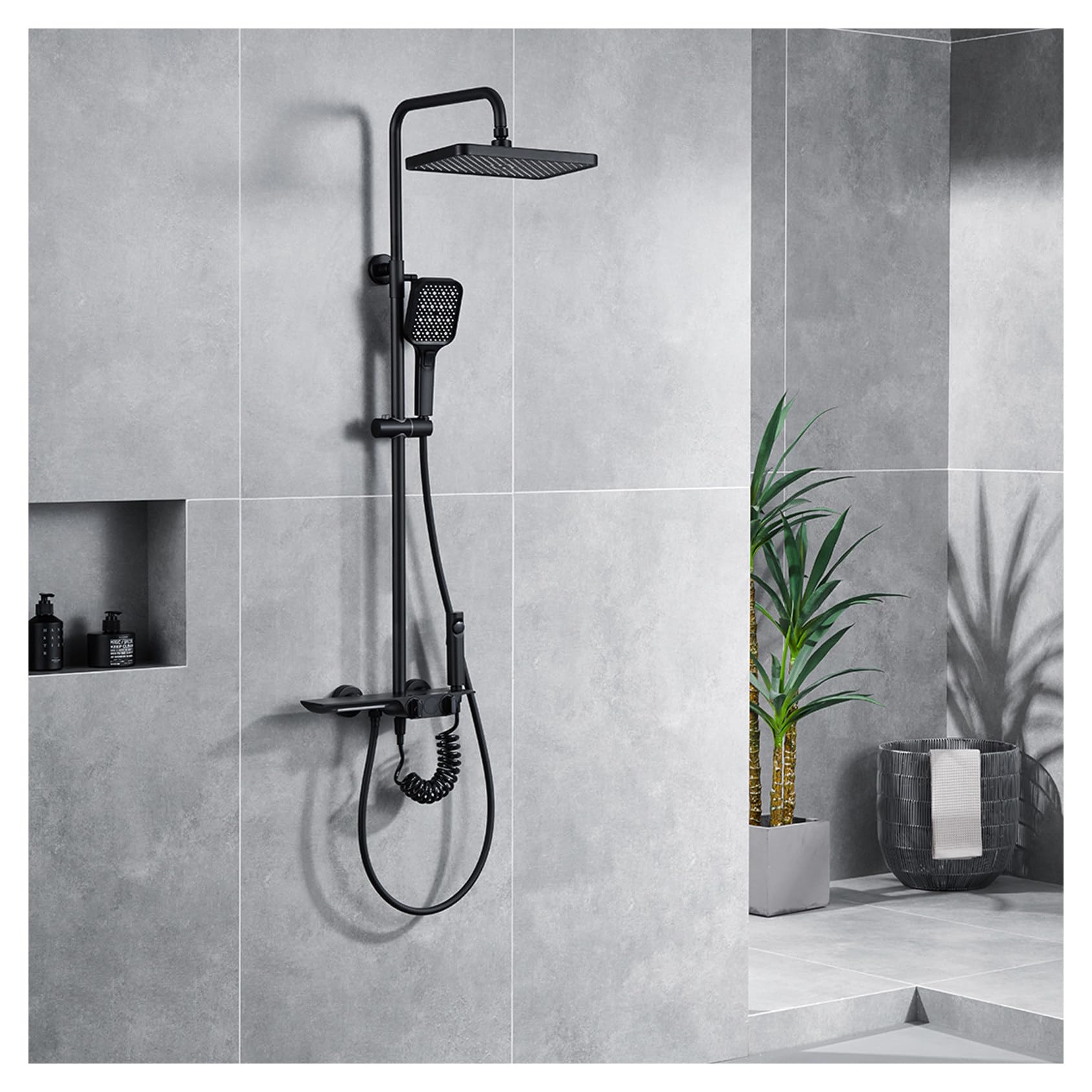 Boyuan Colonne De Douche, Noir Mural Ensemble Douche Réglable Hauteur Système De Douche Avec Étagère Douche, Douchette 2 Jets, Orientable Robinet De Baignoire, 22 Cm Pomme De Douche Pluie Ronde