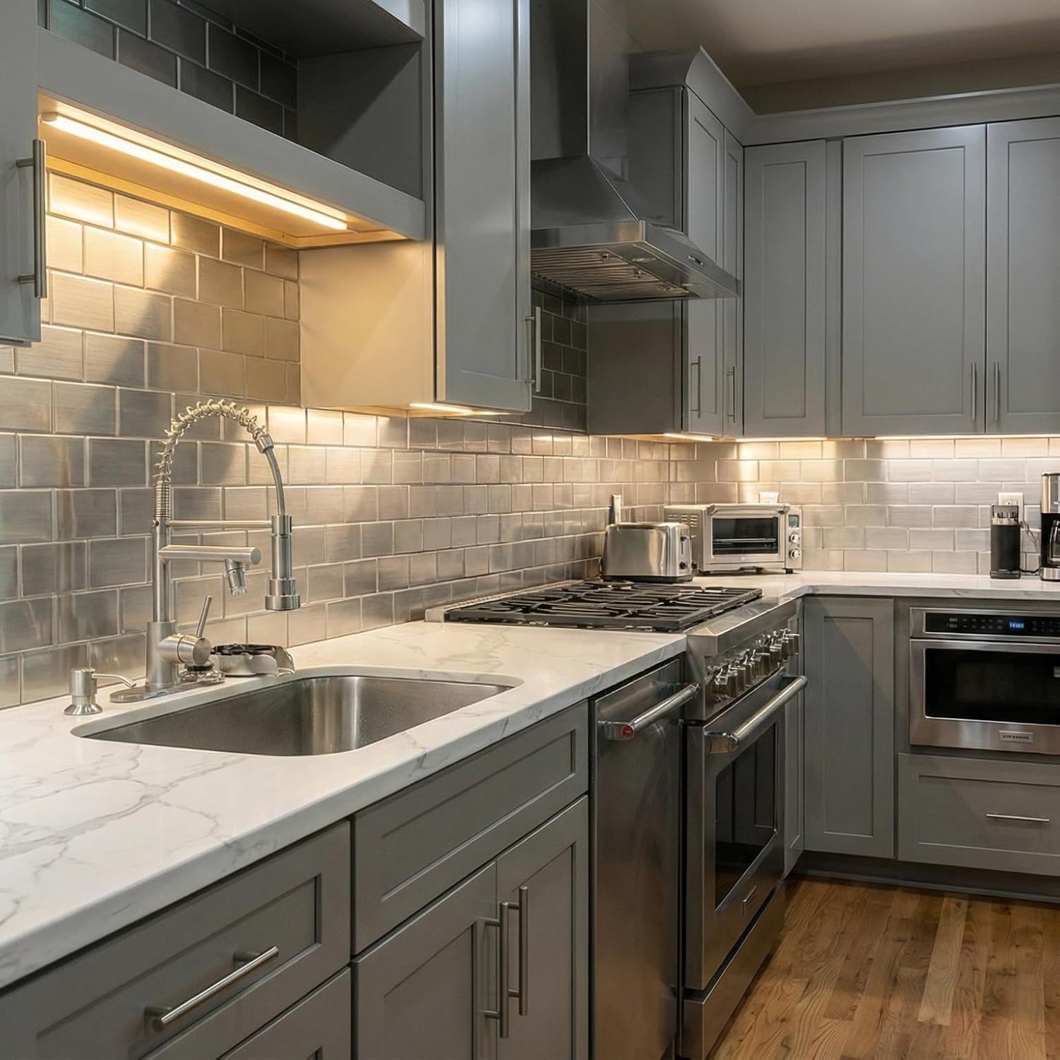 From Plain To Beautiful In Hours 129 Subway PVC 2' x 8' Glue-up Backsplash Panels (Covers / 32 sq.ft), Brushed Stainless Steel, 2 Piece