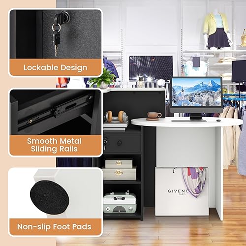 Vista 34 de Tangkula Escritorio de recepción, mostrador frontal con cajón con cerradura y estante ajustable, escritorio ovalado, mostrador minorista para pagar