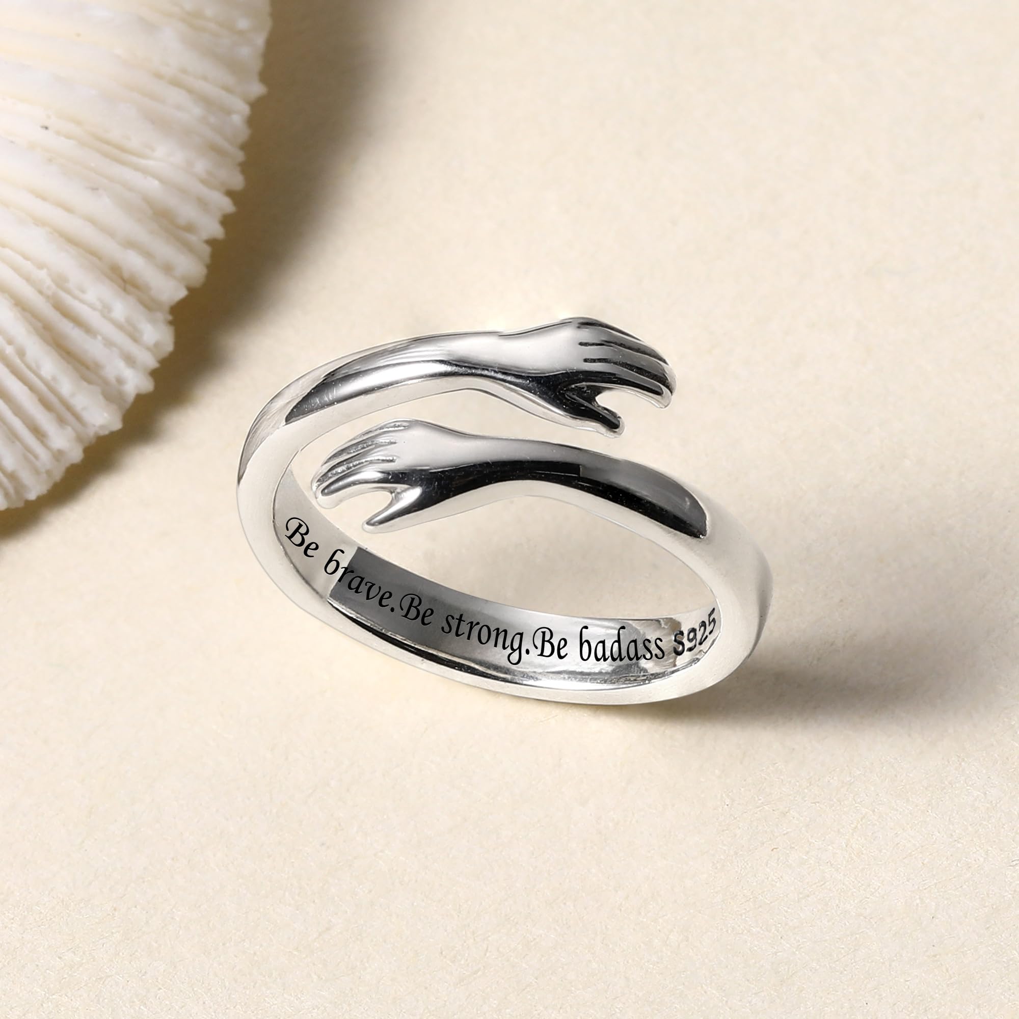 LOVECOM Anillos de abrazo de plata de ley S925 para mujeres, adolescentes, niñas, ajustables, abrazar, anillo abierto para hombres, anillos de promesa, joyas de cumpleaños, regalo para papá, US Size 6