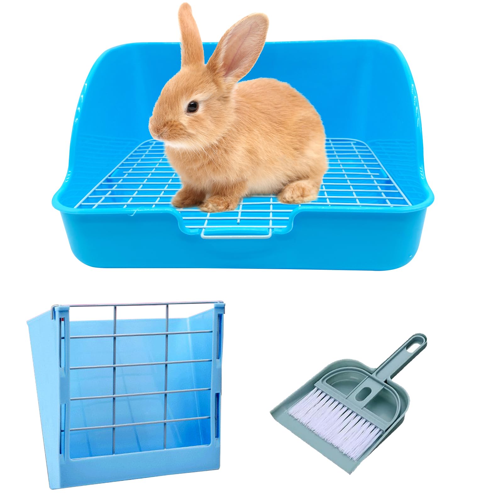Rabbit Litter Box Bunny Potty Box Guinea Pig Hay Rack Feeder Rabbits Corner Litter Pan Potty Trainer Pet Toilet with Cleaning Set for Hamster, Guinea Pig, Ferret and Other Animals (Blue)