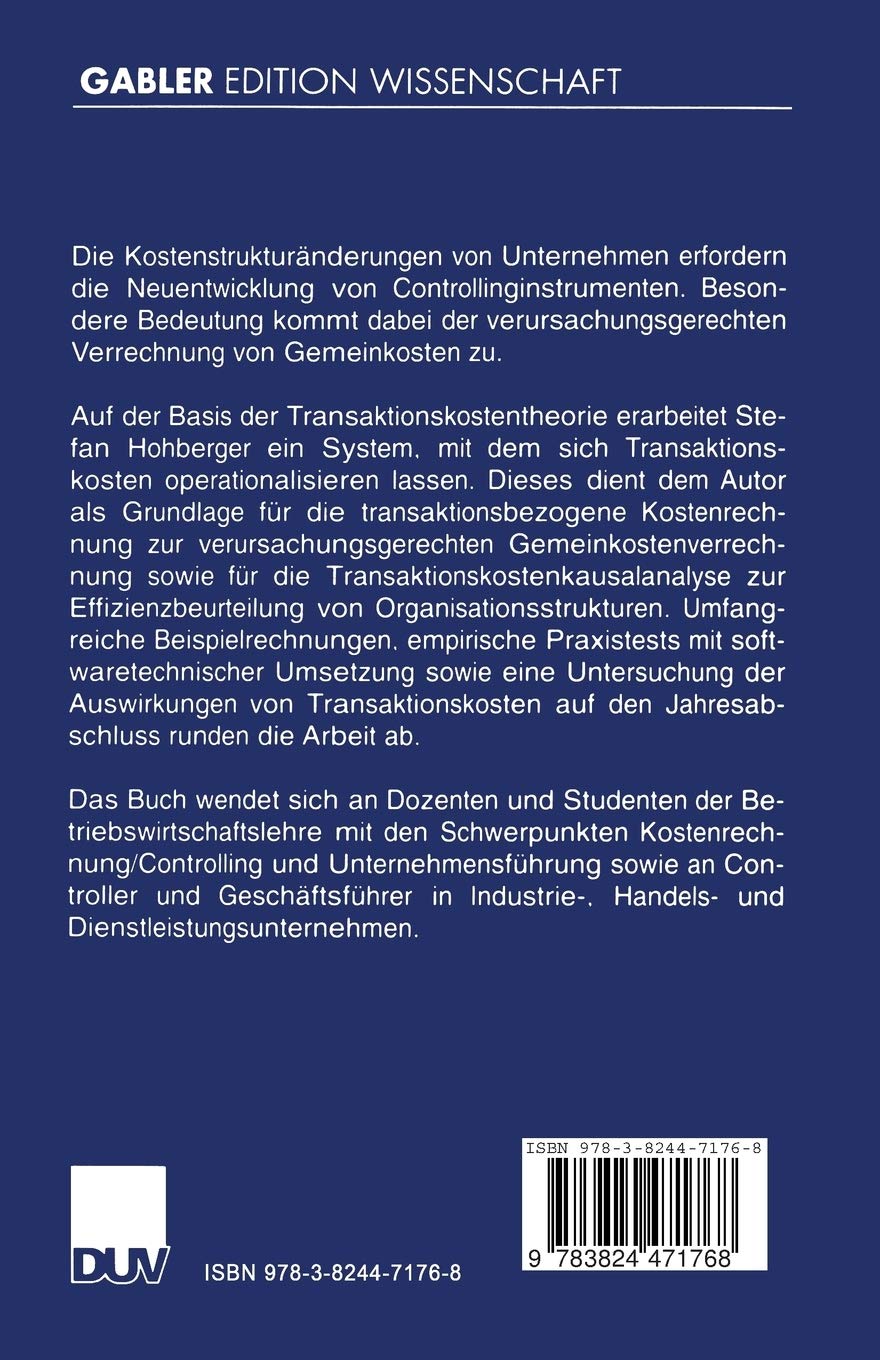 Operationalisierung der Transaktionskostentheorie im Controlling (Gabler Edition Wissenschaft) (German Edition): Diss. Mit e. Geleitw. v. Gerd-Michael Hellstern