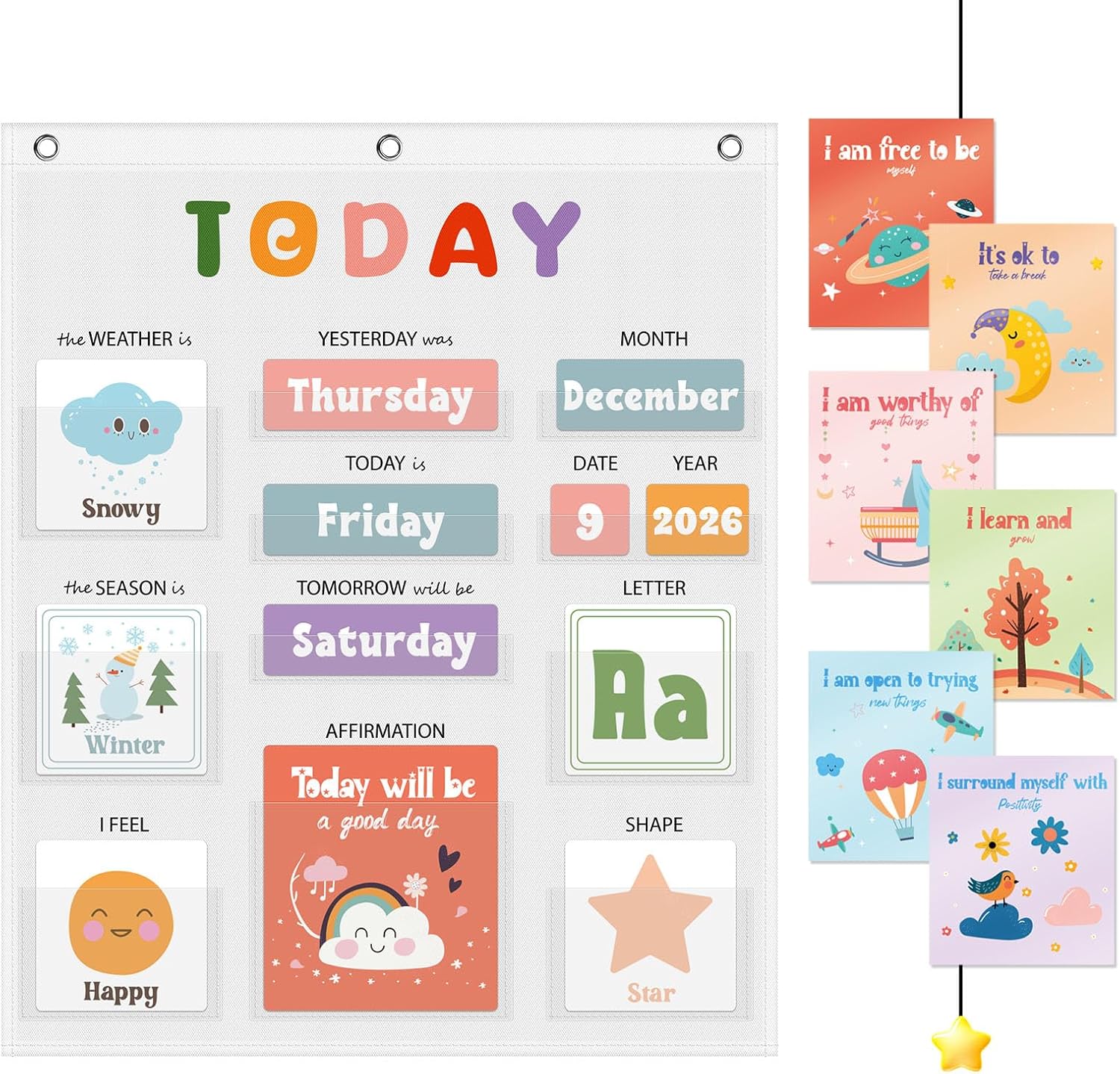 Daily Morning Board,Circle Time Calendar,Classroom Supplies, Interactive Learning Chart for Preschool & Kindergarten, Includes Weather, Feelings, and Affirmations Board