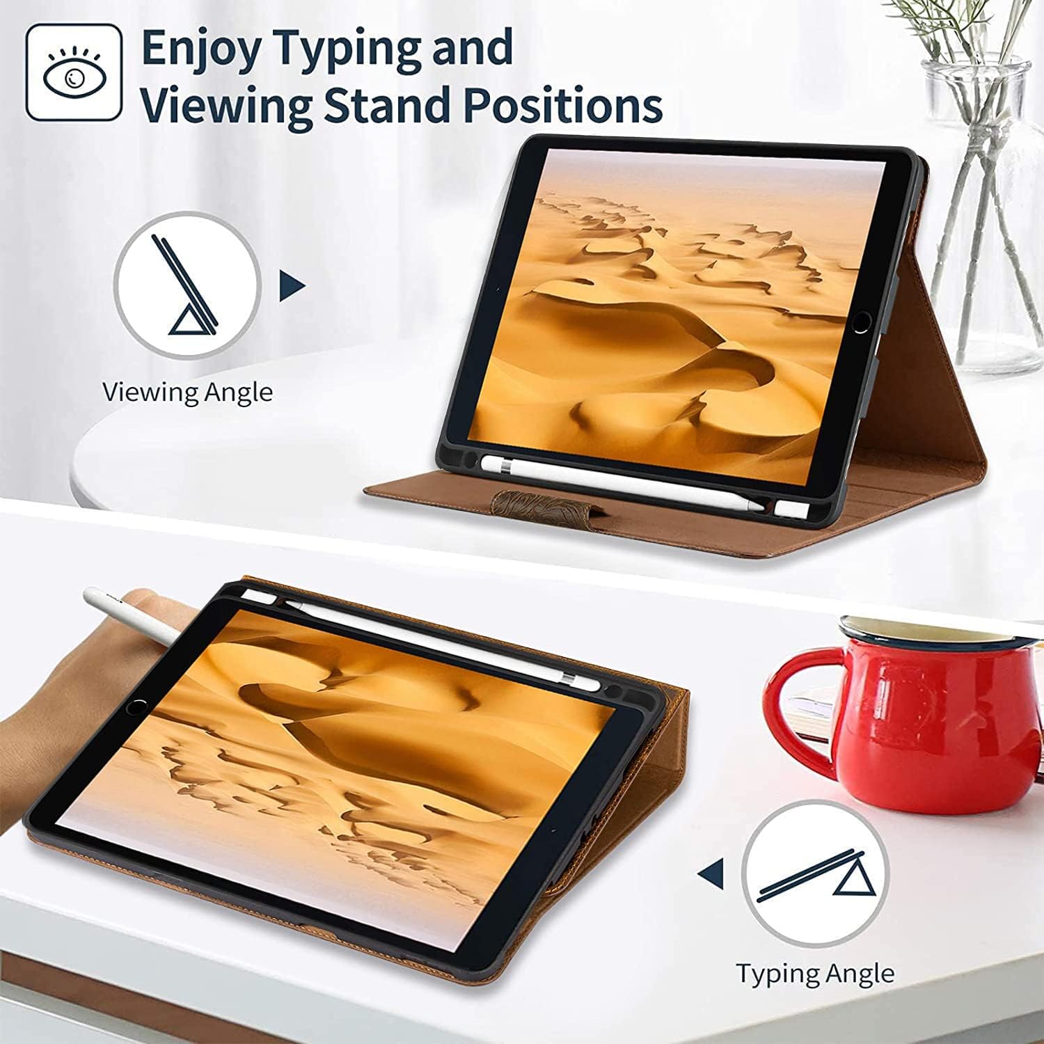 Gexmil Case for iPad 10.2 Inch,9th/8th/7th Generation(2021/2020/2019) Genuine Leather Cover with Pencil Holder,Cowhide Folio Cover,Auto Sleep/Wake Anti Slip,Sand Dark Brown