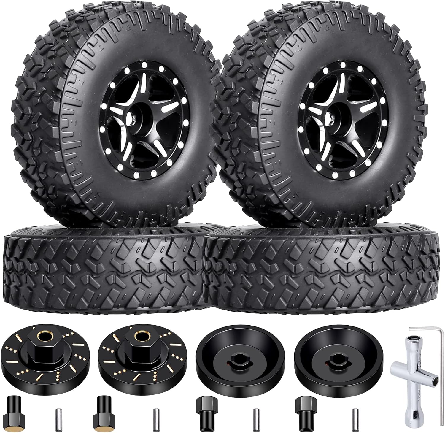 Hobbypark 4pcs 1.0 Beadlock Wheels and Tires Metal Micro Crawler Tires with Brass Wheel Weights Extended Wheel Hubs for 1/24 RC Crawler Car Axial SCX24 Gladiator Bronco C10 Deadbolt Upgrades (Type A)