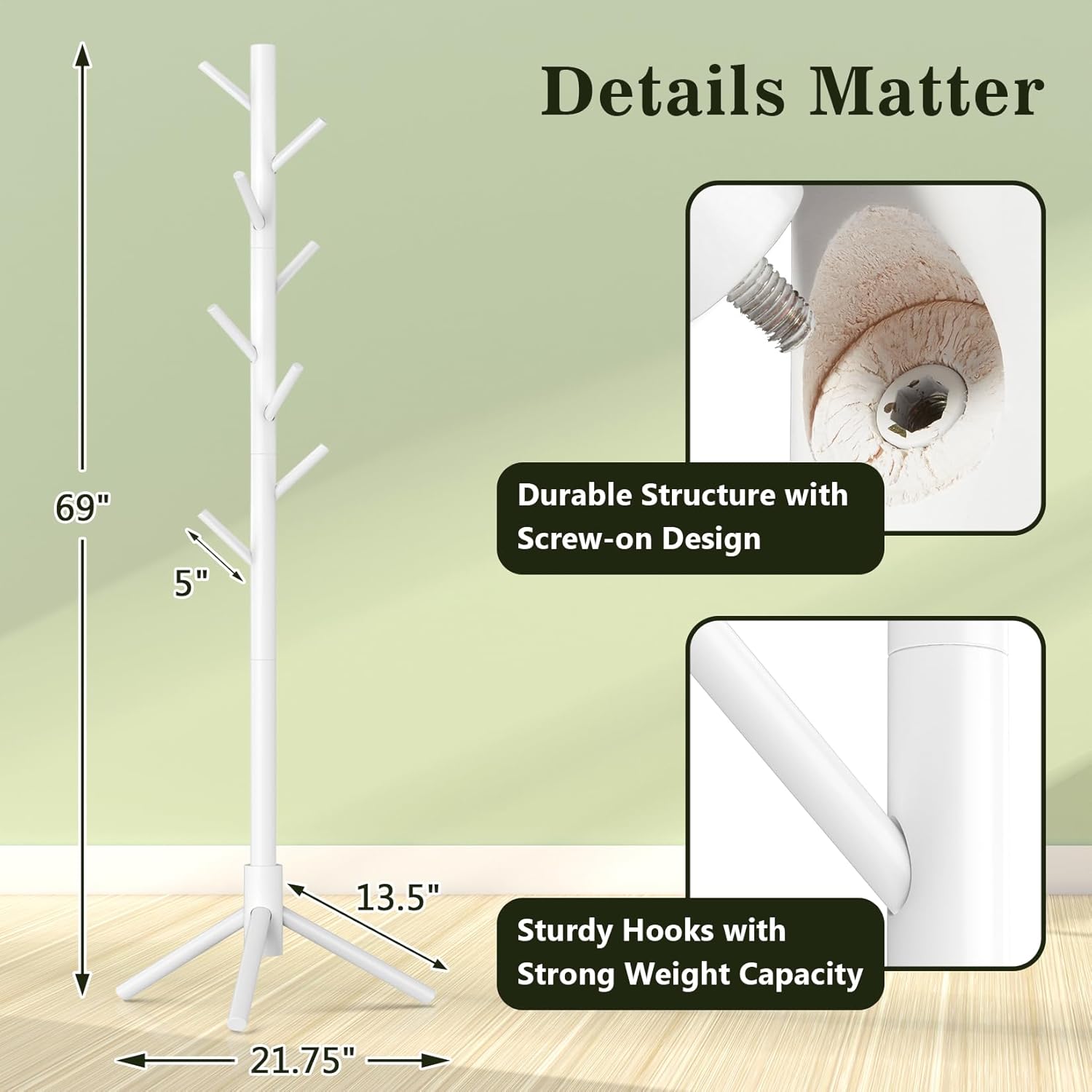 2 Pack Coat Rack, Solid Wood Coat Rack Freestanding with 8 Hooks & 3 Adjustable Heights, Simple Assembly Coat Tree for Hats, Bags, Wooden Coat Hanger Stand for Bedroom, Entryway, Office