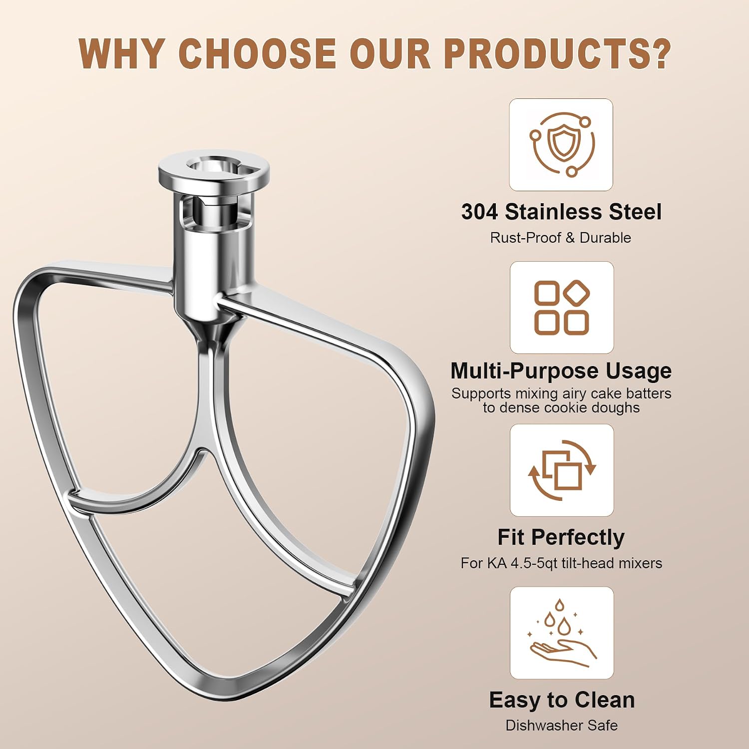 Stainless Steel Flat Beater for KitchenAid Tilt Head Stand Mixer, Polished Paddle Attachment, Fits 4.5-5 Quart Models, Dishwasher Safe