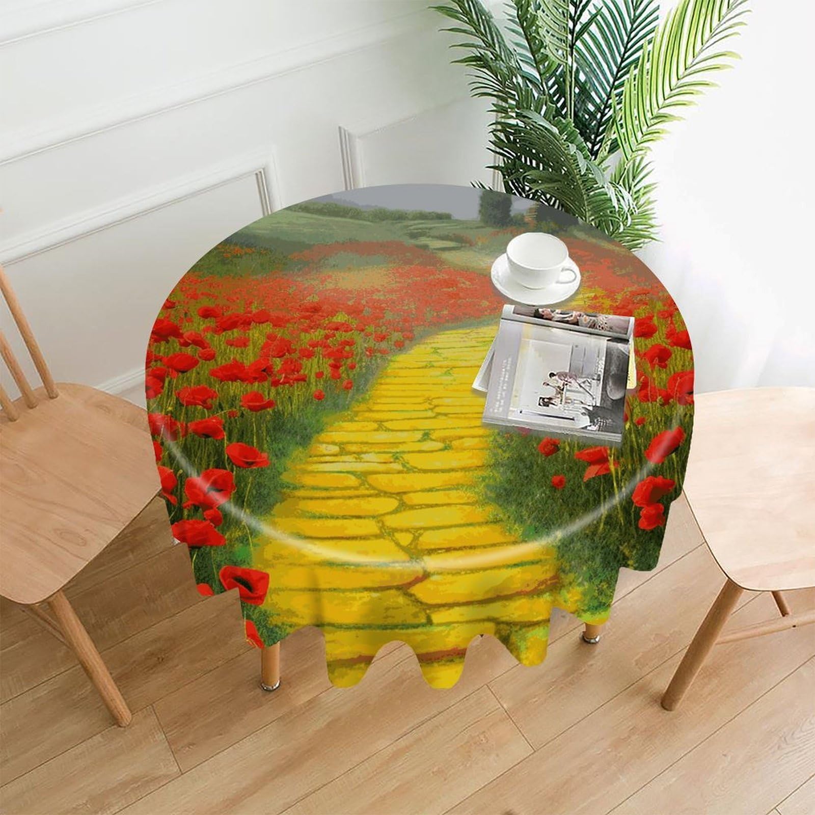 FekiLoot Poppies Field Yellow Brick Road Round Tablecloth Cover 60 Inch Wrinkle Free Washable Polyester Fabric Table Cover Decorative Round Table Cloth for Home Dining Kitchen Party Farmhouse