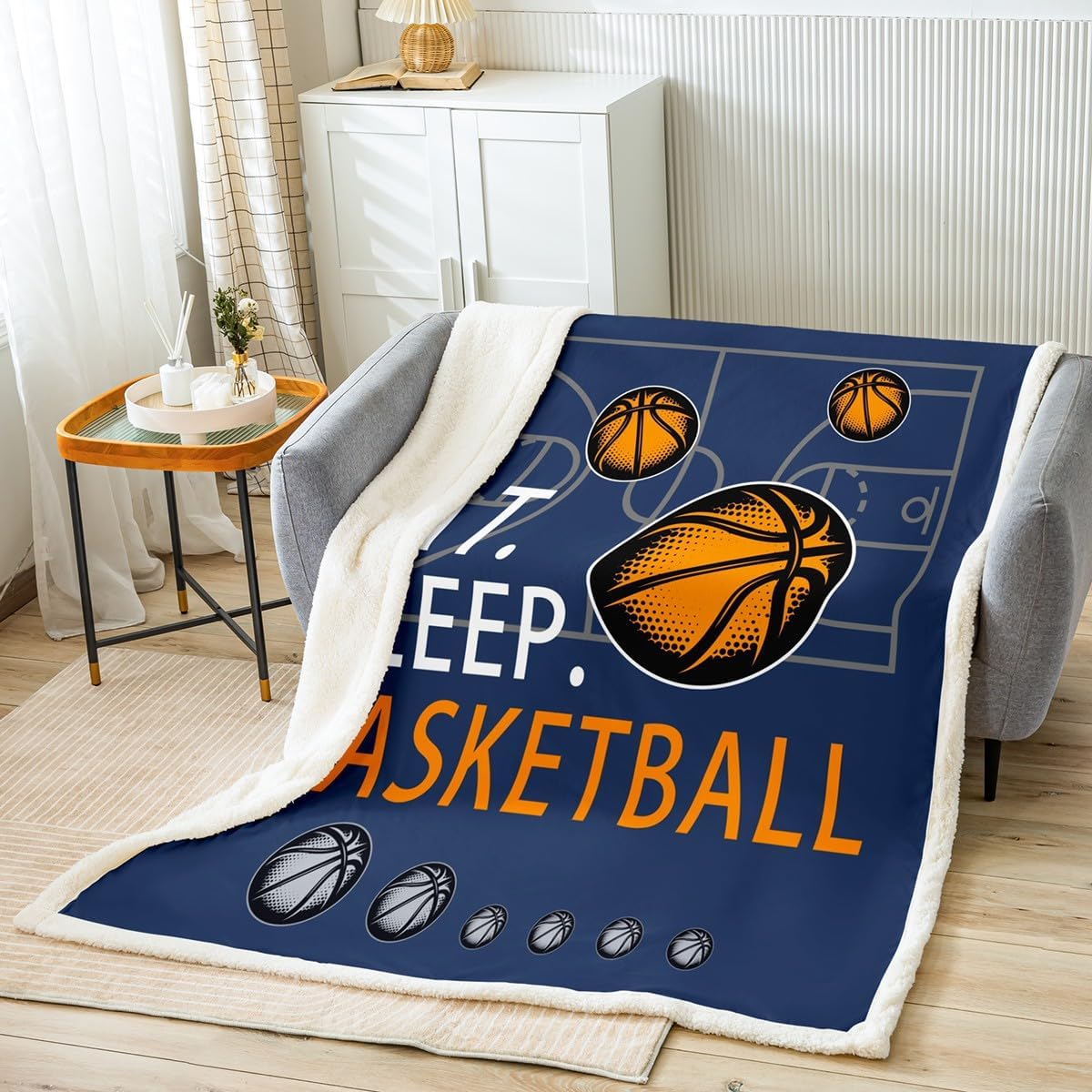 Basketball Fleece Throw Blanket Blue Sherpa Blanket for Teens Decor Sport Plush Blanket Eat Sleep Fuzzy Blanket for Sofa Bed Couch Bedroom Court Fuzzy Blanket for Sofa Bed Couch,Queen 90x90 Inches