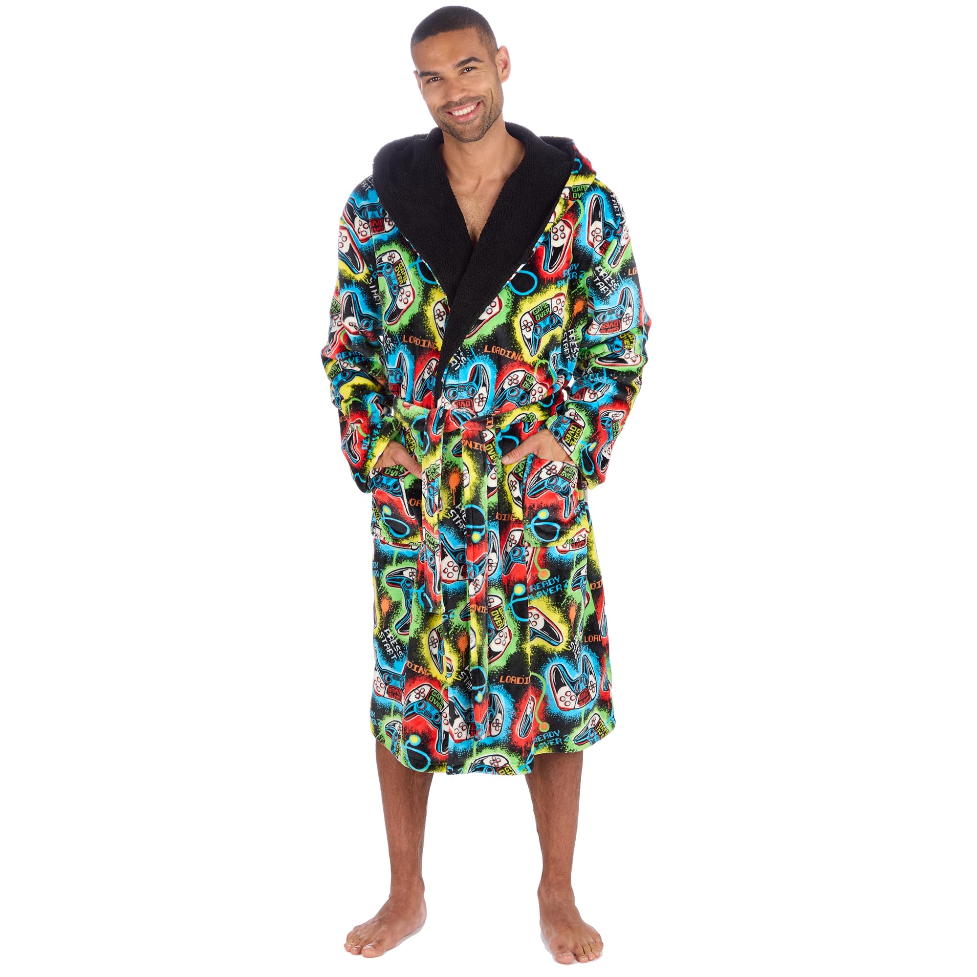 Metzuyan Men's Black Hooded Gamer Dressing Gown Plush Fleece Robe Large