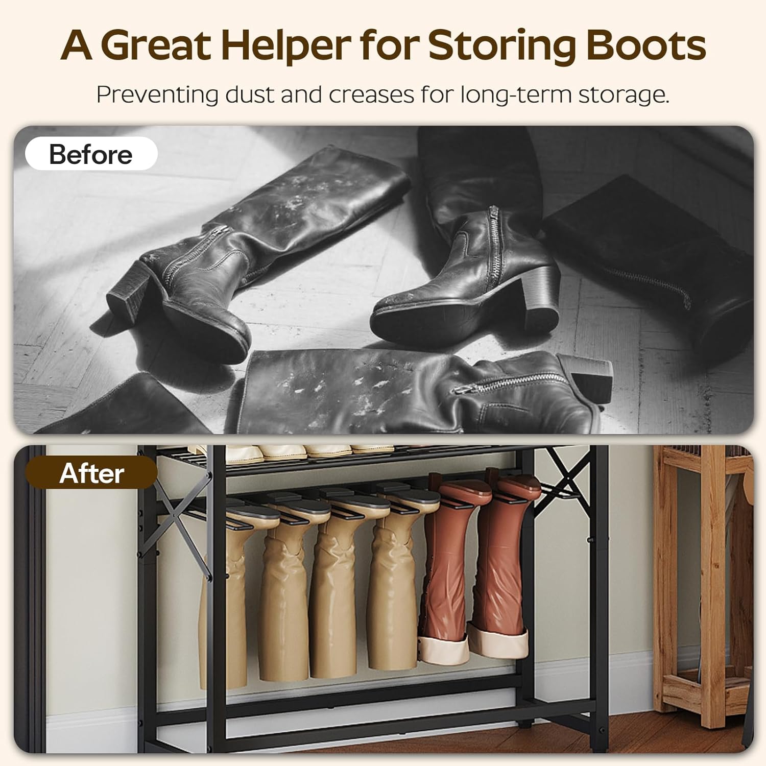 10-Tier Tall Shoe Rack for Entryway, Large Capacity Shoe Storage Organizer with Boot Storage, Freestanding Shoes Shelf Holds 35 Pairs of Shoes, Space Saving, Black and Rustic Brown SS19BR