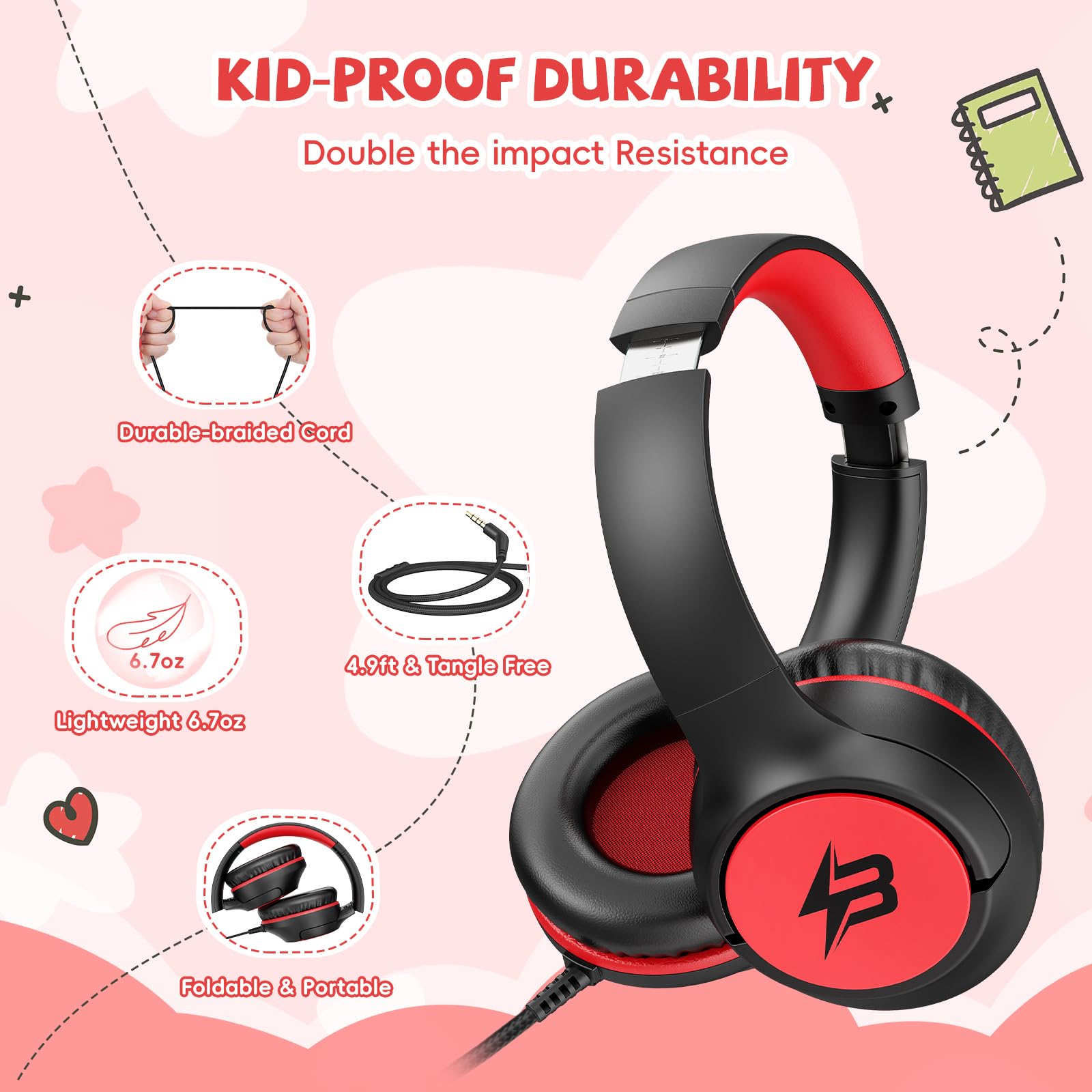 Cuffie per bambini cablate per scuola, limite di volume 85/94 dB, cuffie over-ear cablate per bambini, ragazzi e ragazze, con microfono, suono stereo, cavo da 3,5 mm, per tablet Kindle, viaggi in