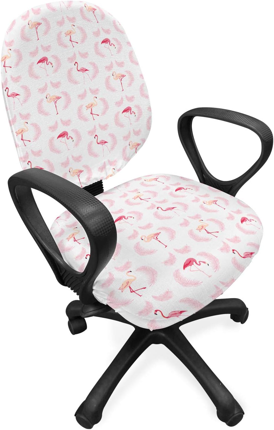 Lunarable Flamingo Office Chair Slipcover, Flamingos Walking Eating Standing Poses Pattern Flying Feathers Illustration Art, Protective Stretch Decorative Fabric Cover, Standard Size, Pink