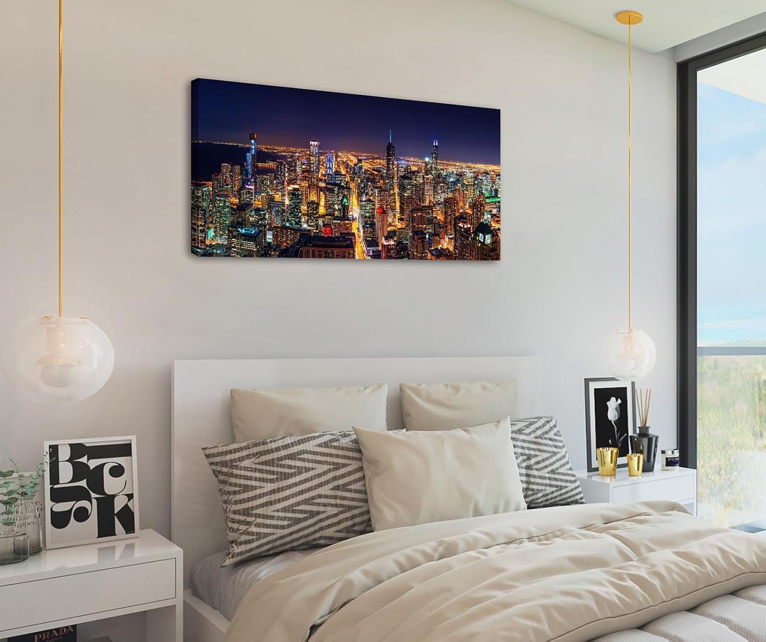 Chicago Skyline Wall Art - Colorful Modern USA Downtown City Night View Canvas Painting for Living Room Decor, Skyscraper Building Panorama Pictures Framed for Bedroom Home Office Decorations 20"X40"